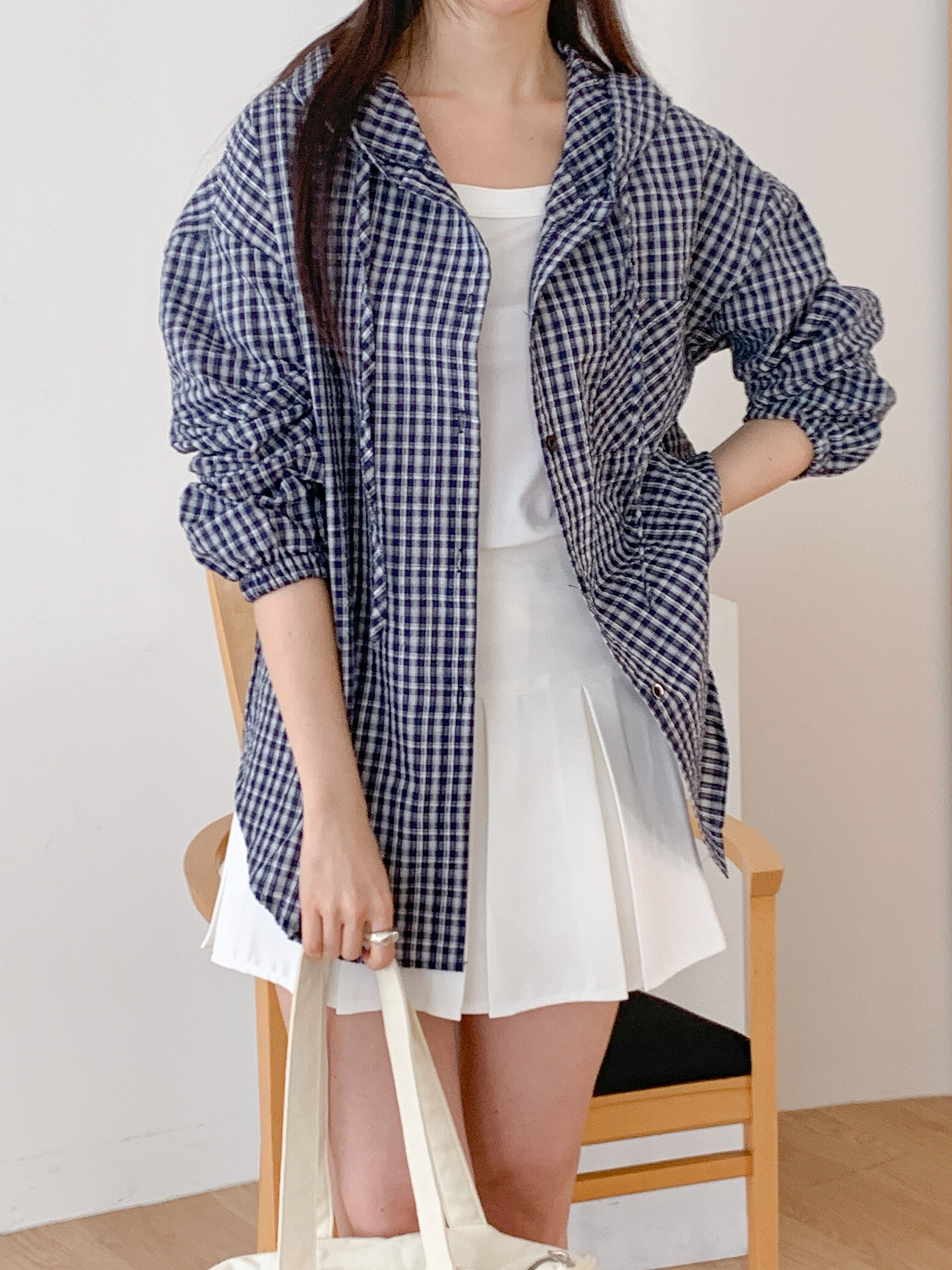 ボタンフードオーバーサイズアンバランス長袖ミディワンポケットチェックジャケット | 詳細画像15