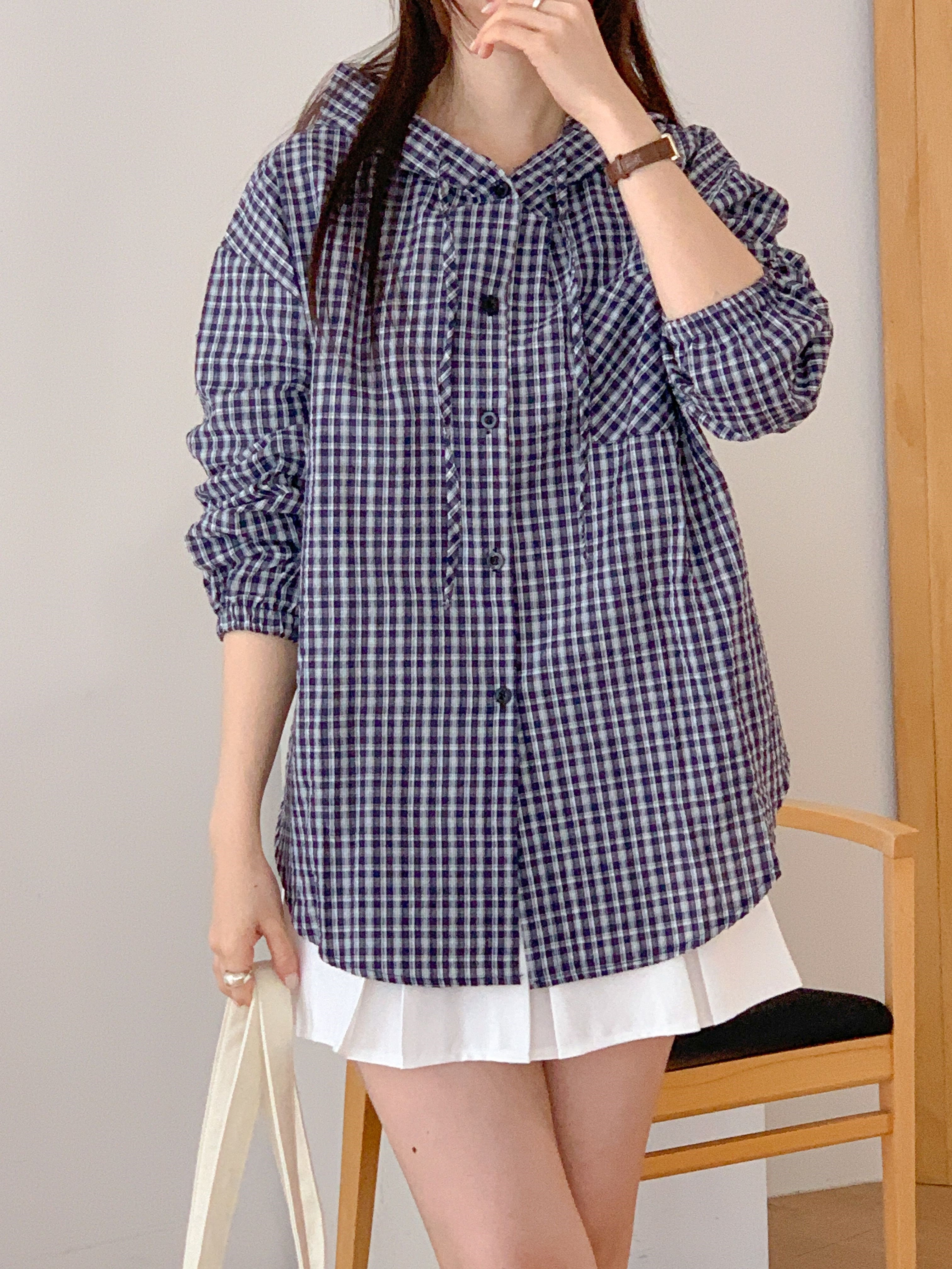 ボタンフードオーバーサイズアンバランス長袖ミディワンポケットチェックジャケット | 詳細画像17