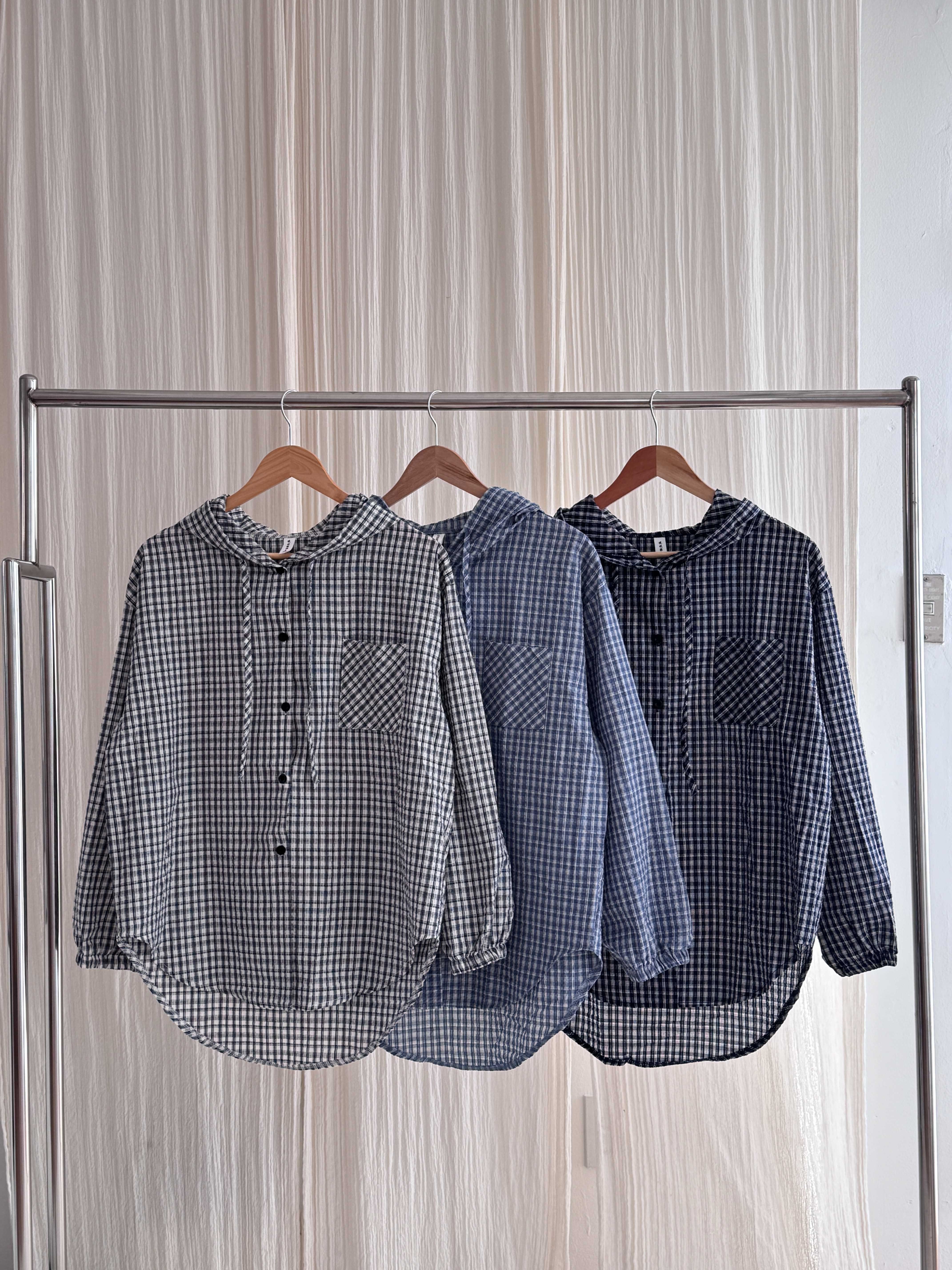 ボタンフードオーバーサイズアンバランス長袖ミディワンポケットチェックジャケット | 詳細画像21