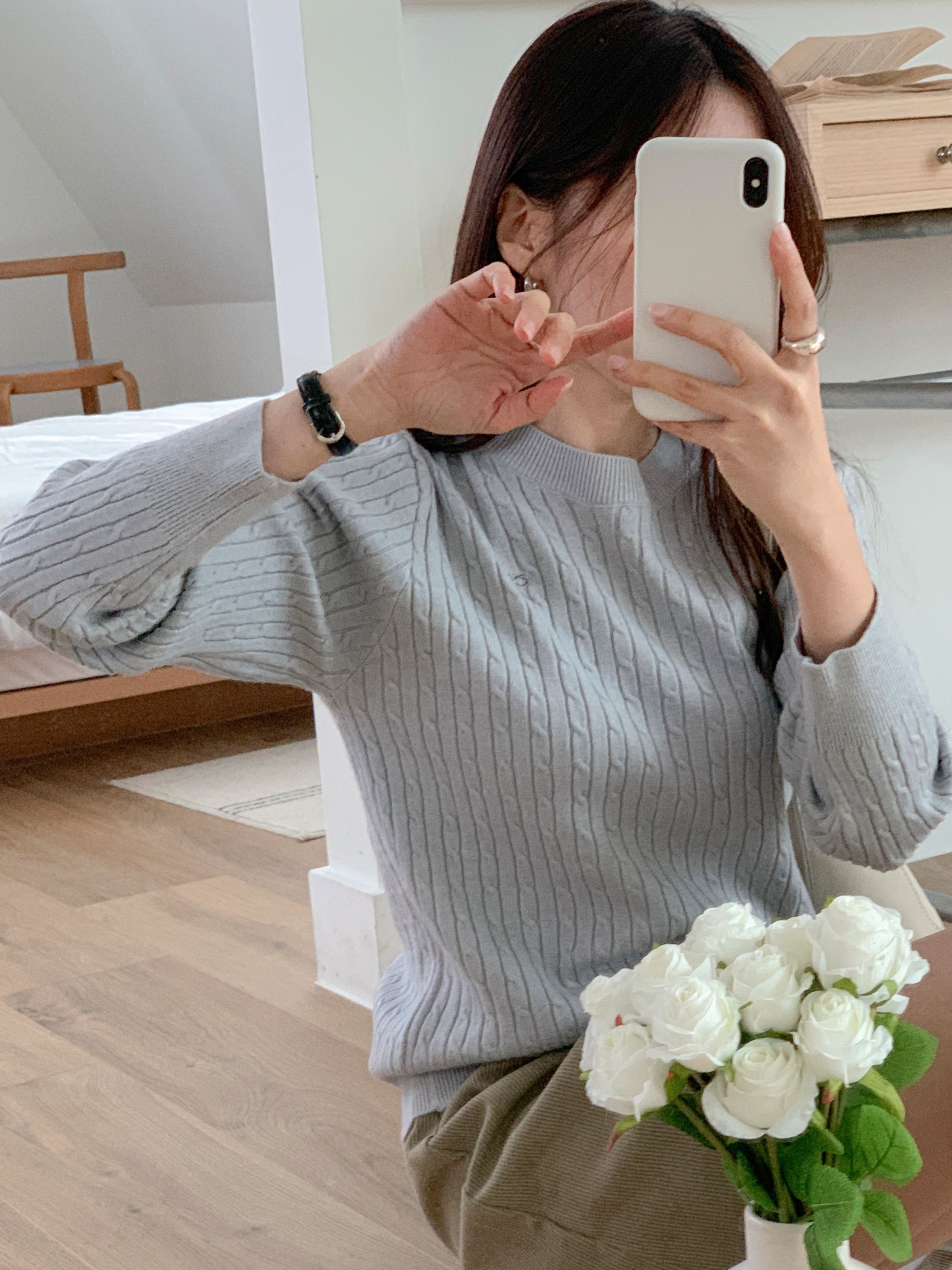 ラウンドネックベーシック長袖刺繍ケーブルリボン柄ニット | 詳細画像8