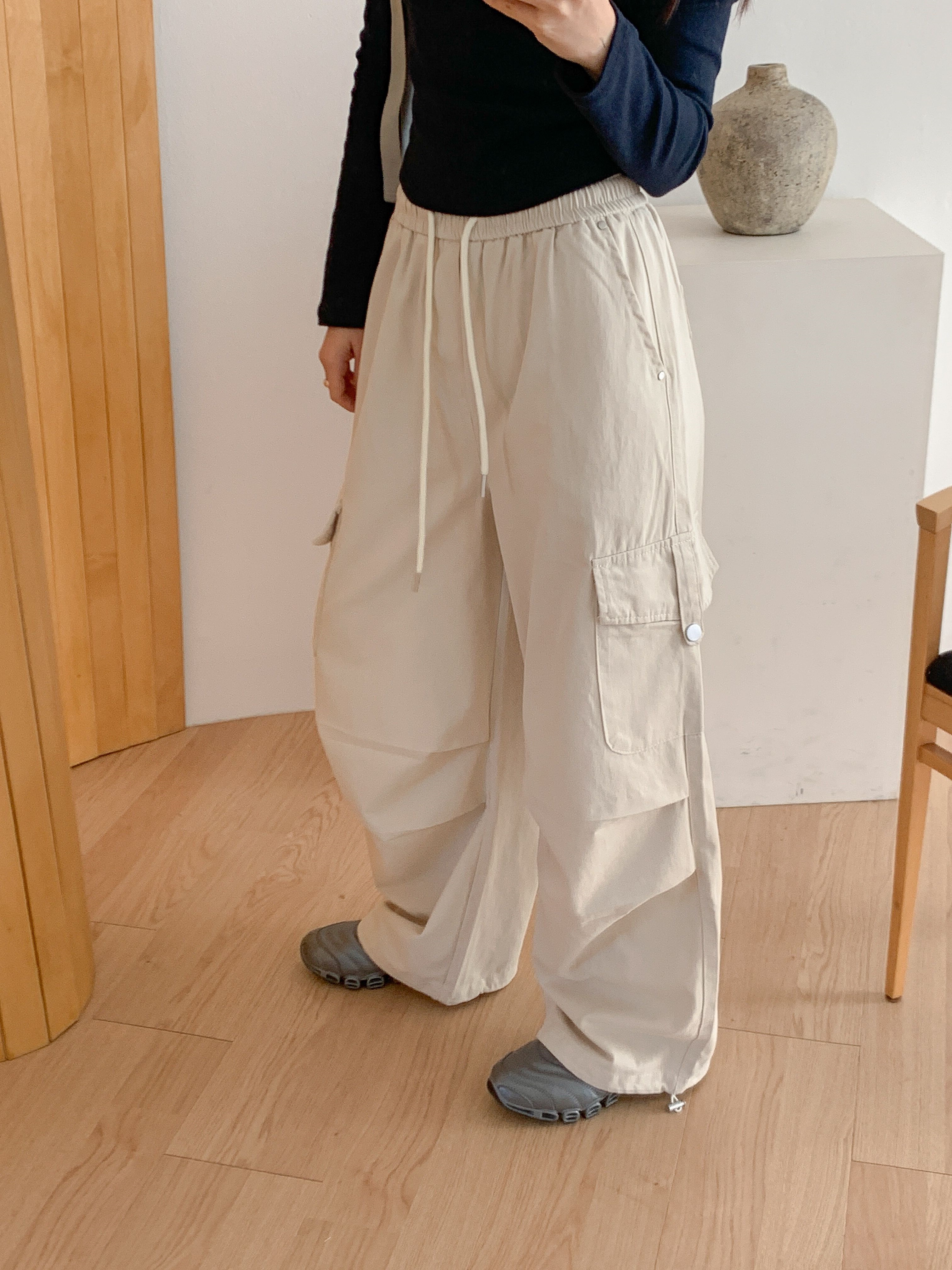 コットンドローストリングポケットラインカーゴドローコードロングリベットパンツ | 詳細画像5