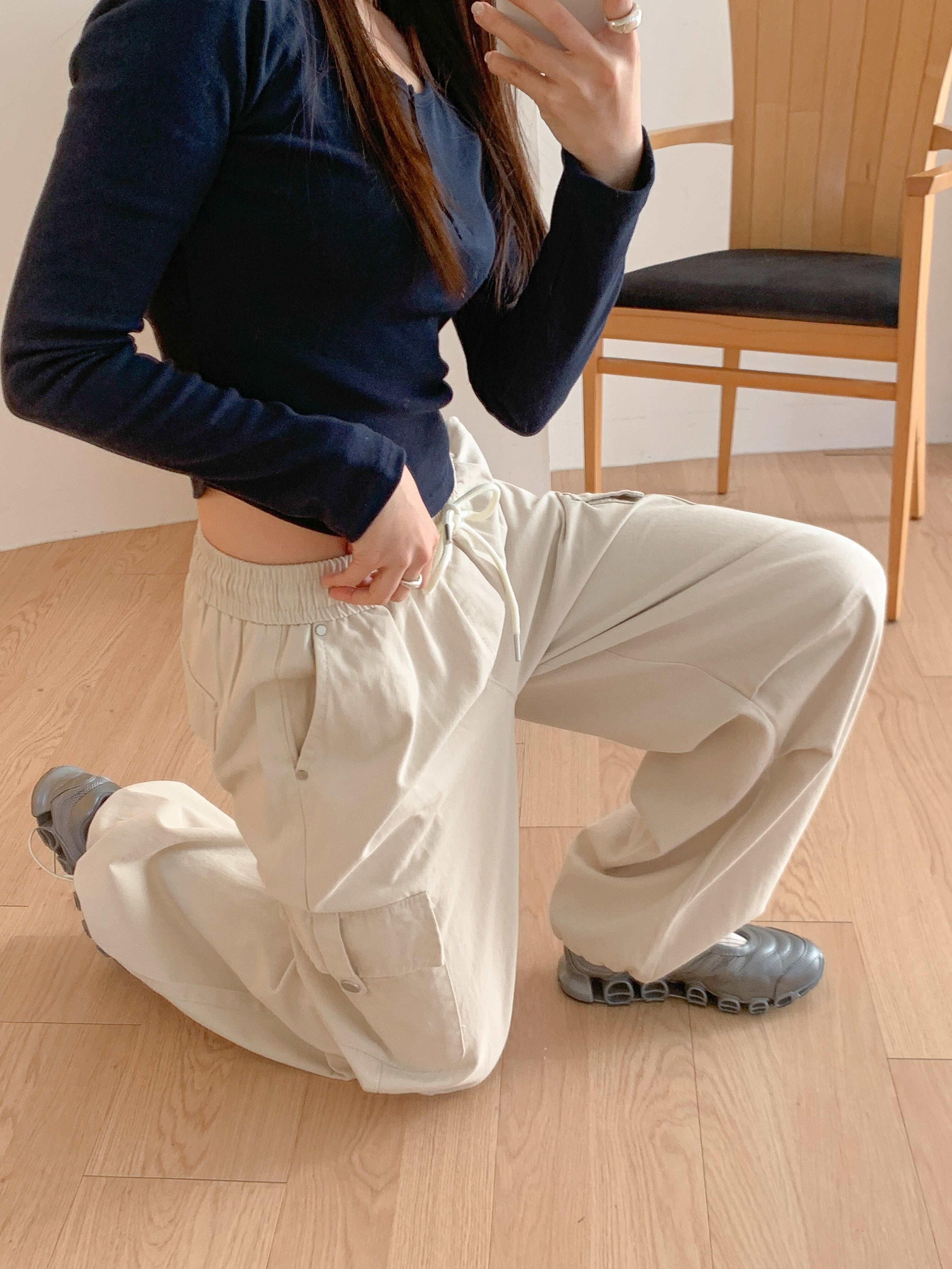 コットンドローストリングポケットラインカーゴドローコードロングリベットパンツ | 詳細画像6