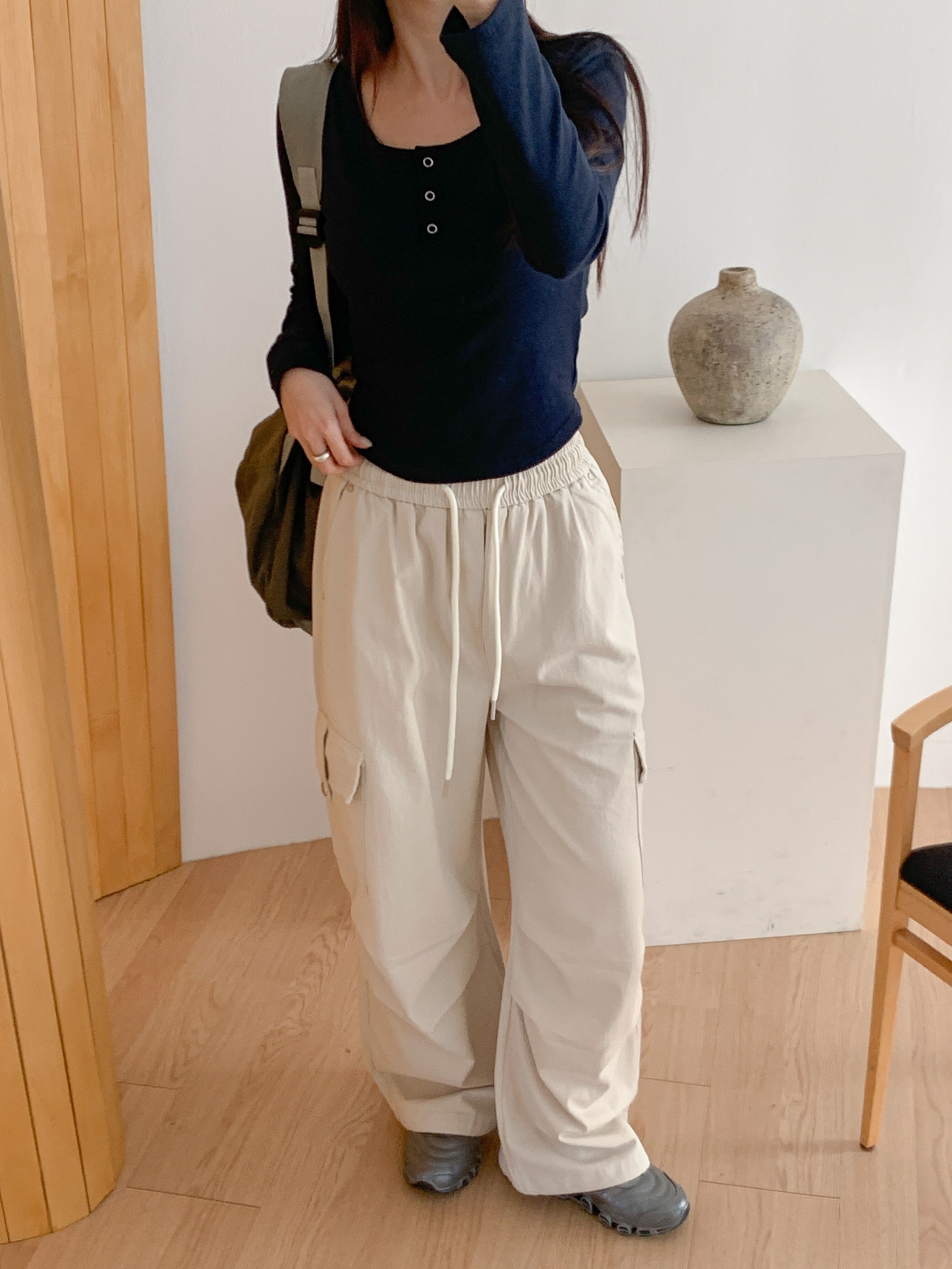 コットンドローストリングポケットラインカーゴドローコードロングリベットパンツ | 詳細画像11