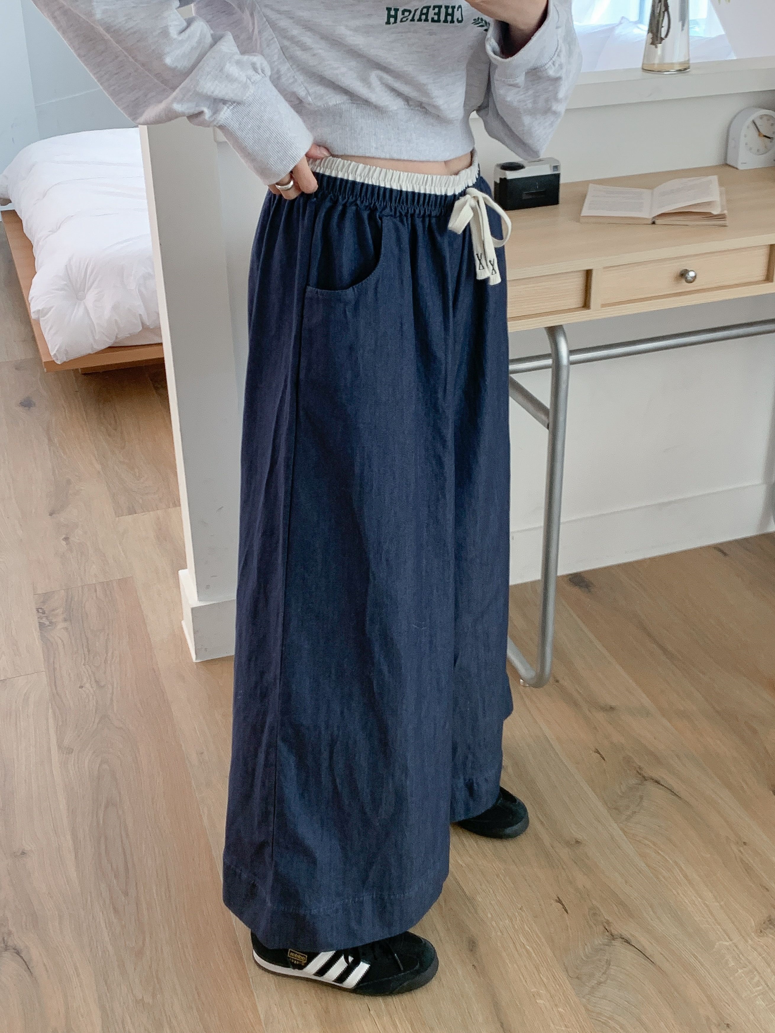 ドローストリングポケットラインウエストゴムオーバーサイズロングワイド配色パンツ | 詳細画像2