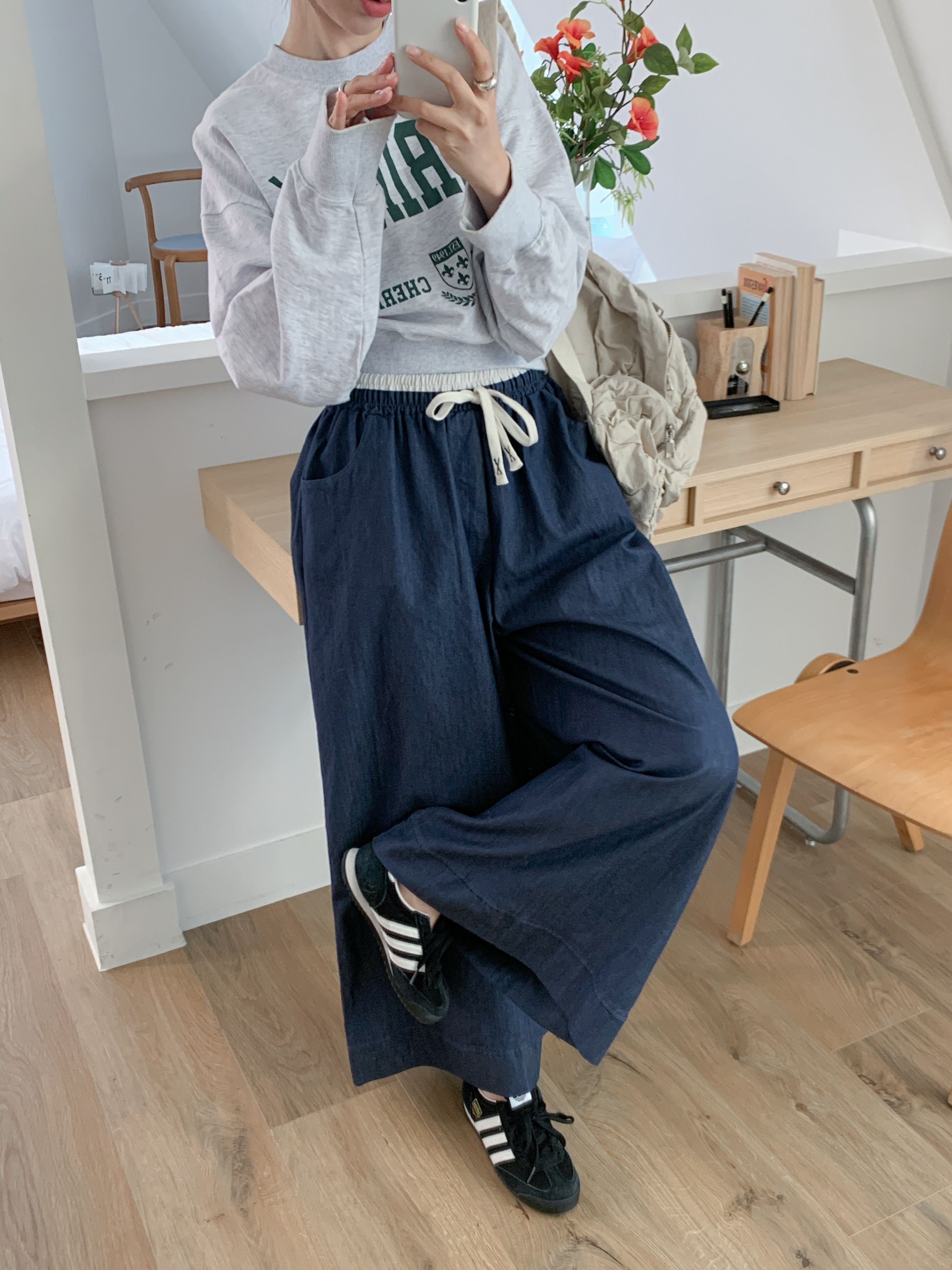 ドローストリングポケットラインウエストゴムオーバーサイズロングワイド配色パンツ | 詳細画像3