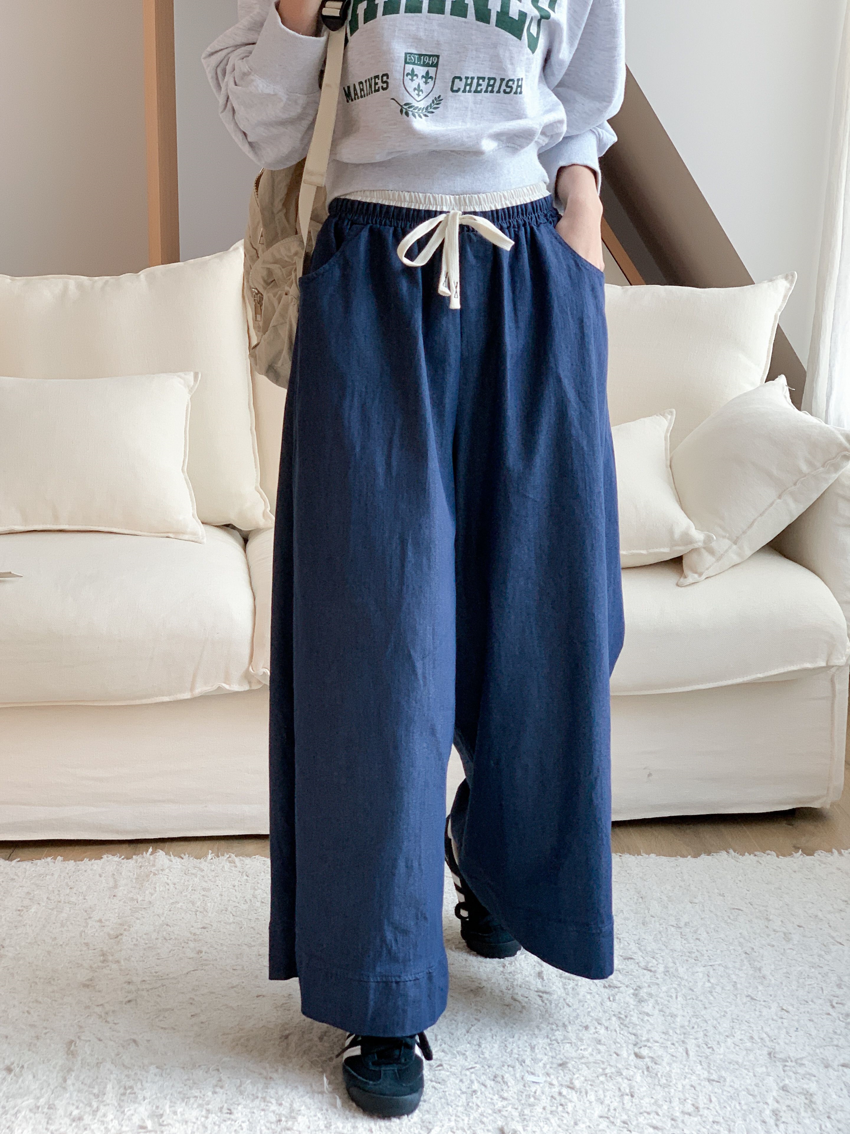 ドローストリングポケットラインウエストゴムオーバーサイズロングワイド配色パンツ | 詳細画像4