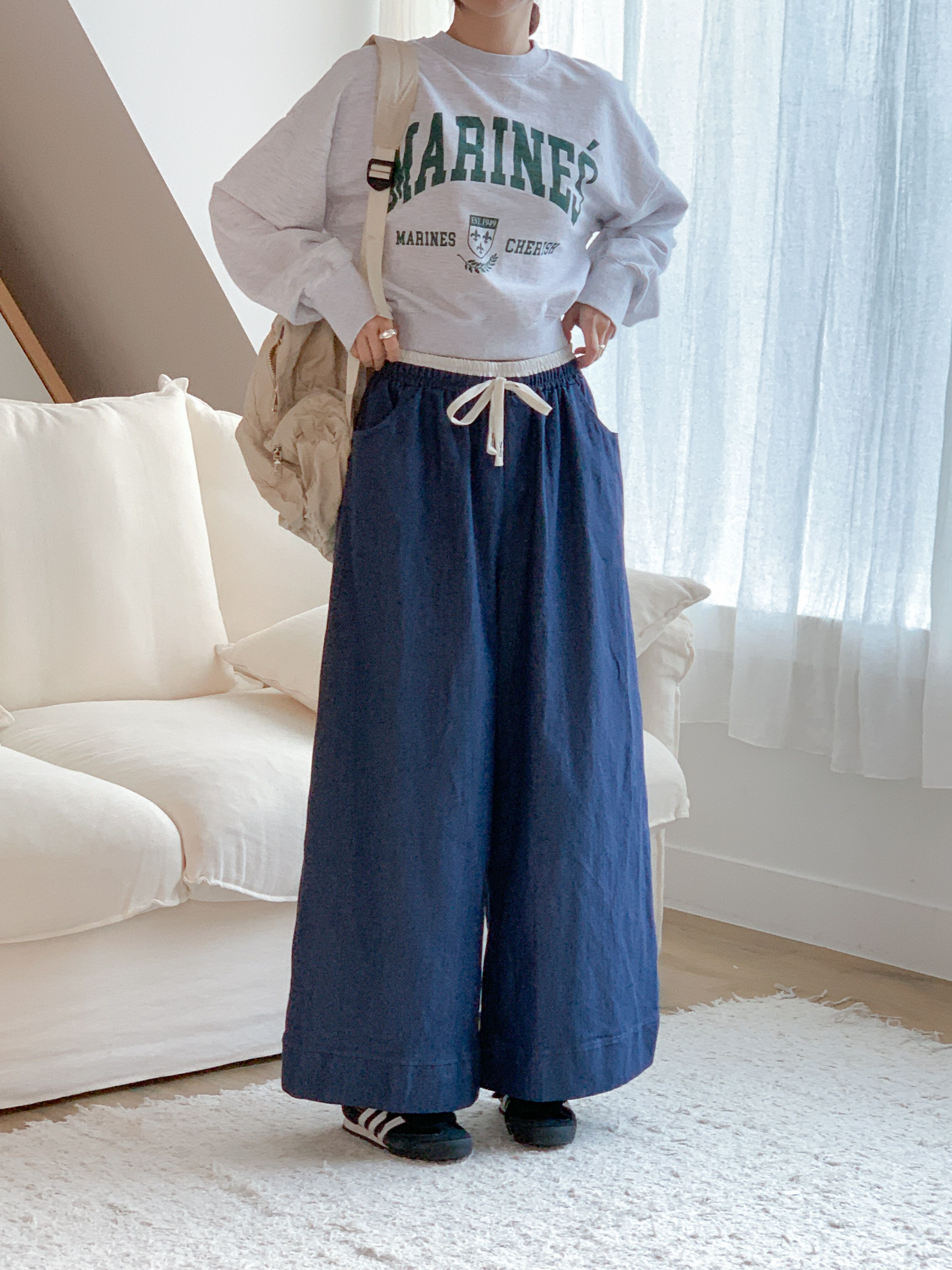 ドローストリングポケットラインウエストゴムオーバーサイズロングワイド配色パンツ | 詳細画像7