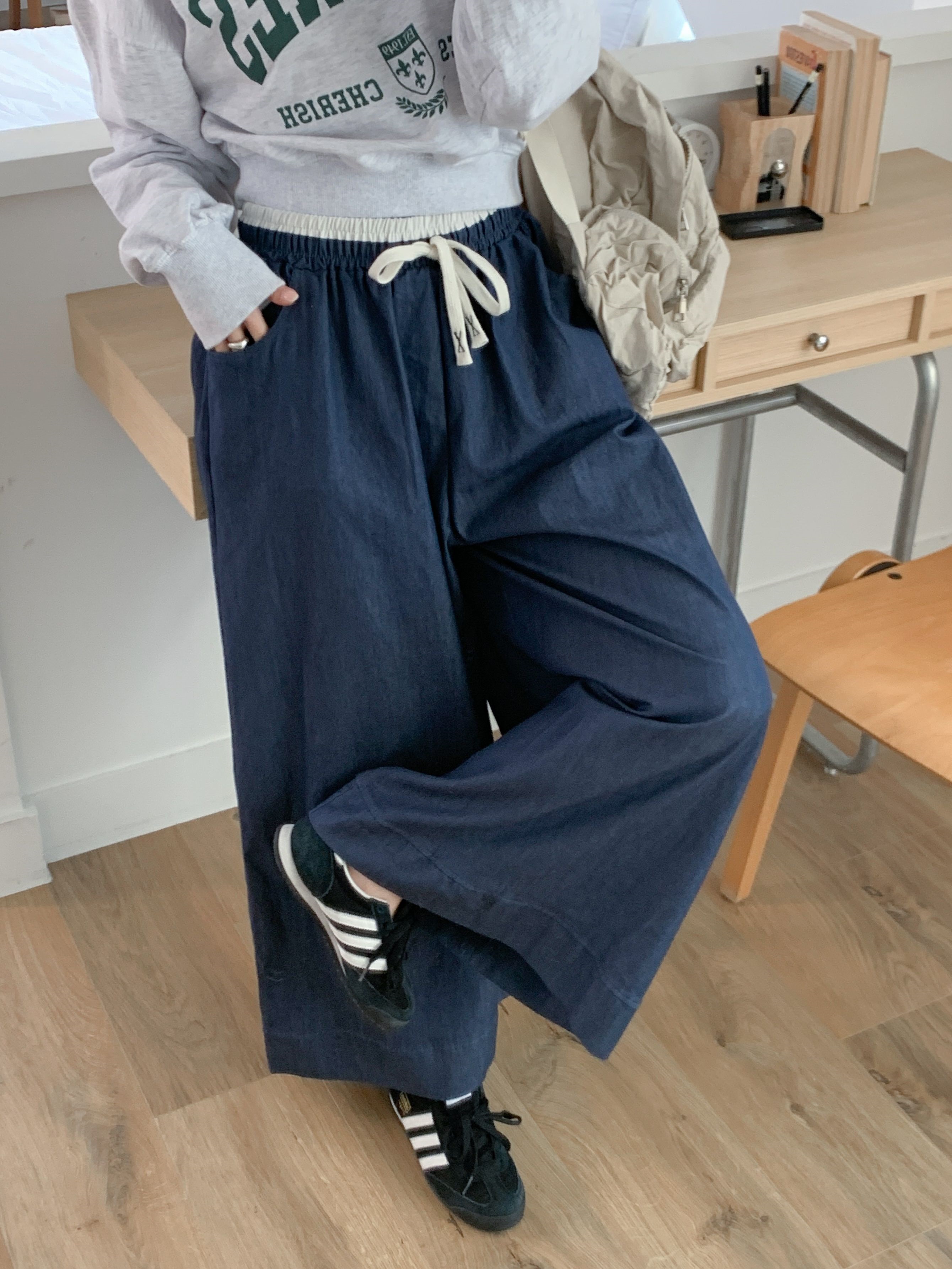 ドローストリングポケットラインウエストゴムオーバーサイズロングワイド配色パンツ | 詳細画像10