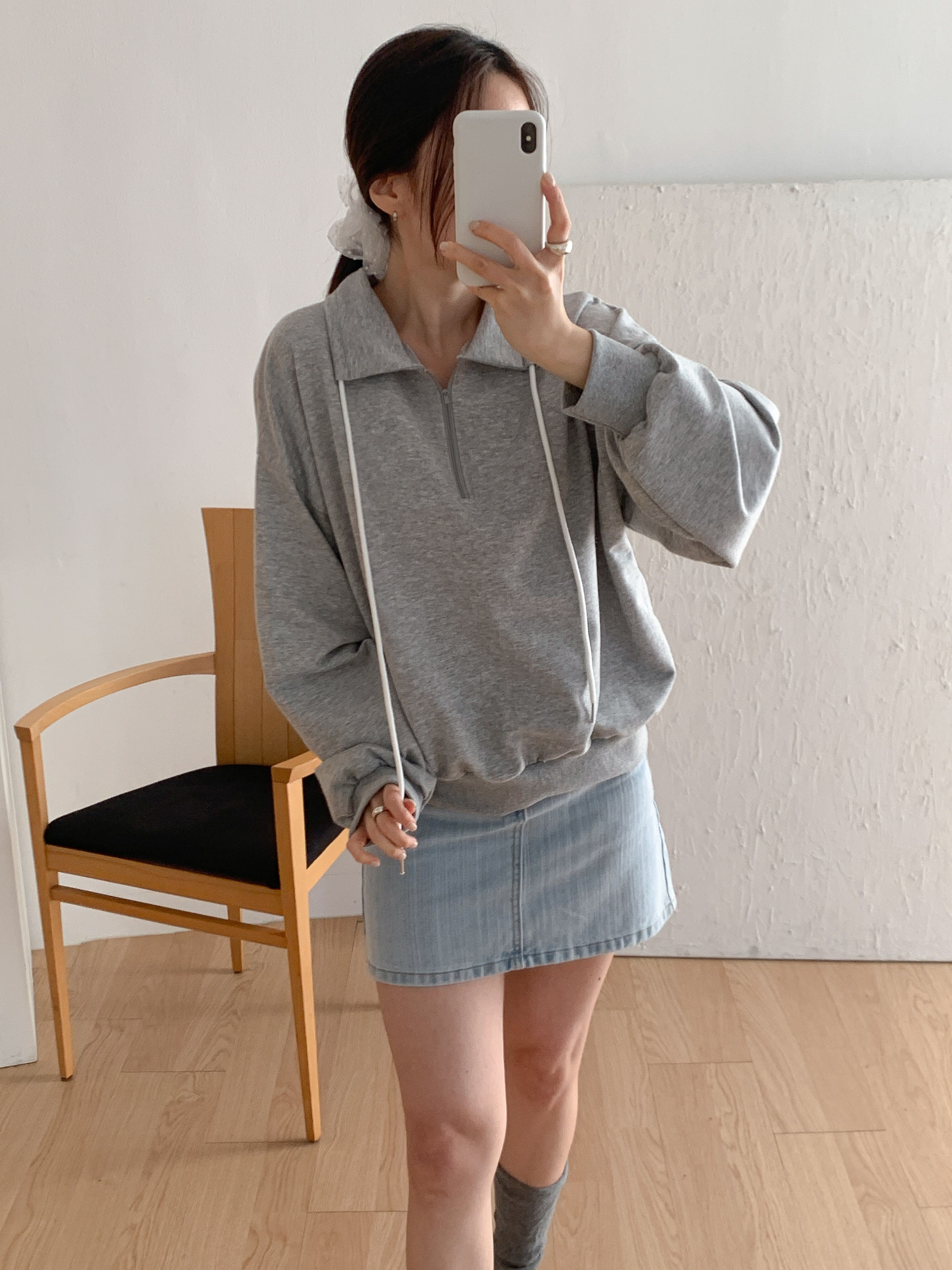 カラーハーフジップドローストリングルーズ長袖無地スウェット | 詳細画像2