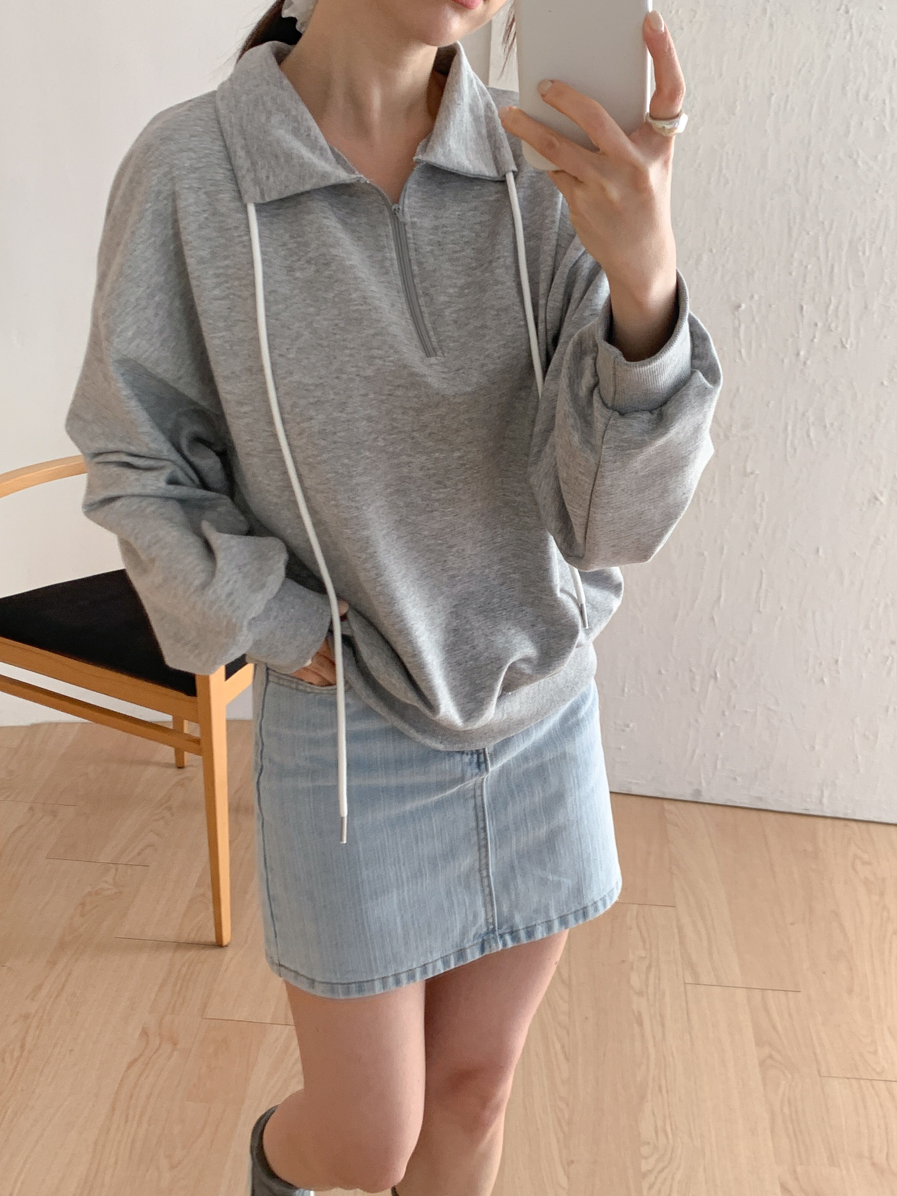 カラーハーフジップドローストリングルーズ長袖無地スウェット | 詳細画像3