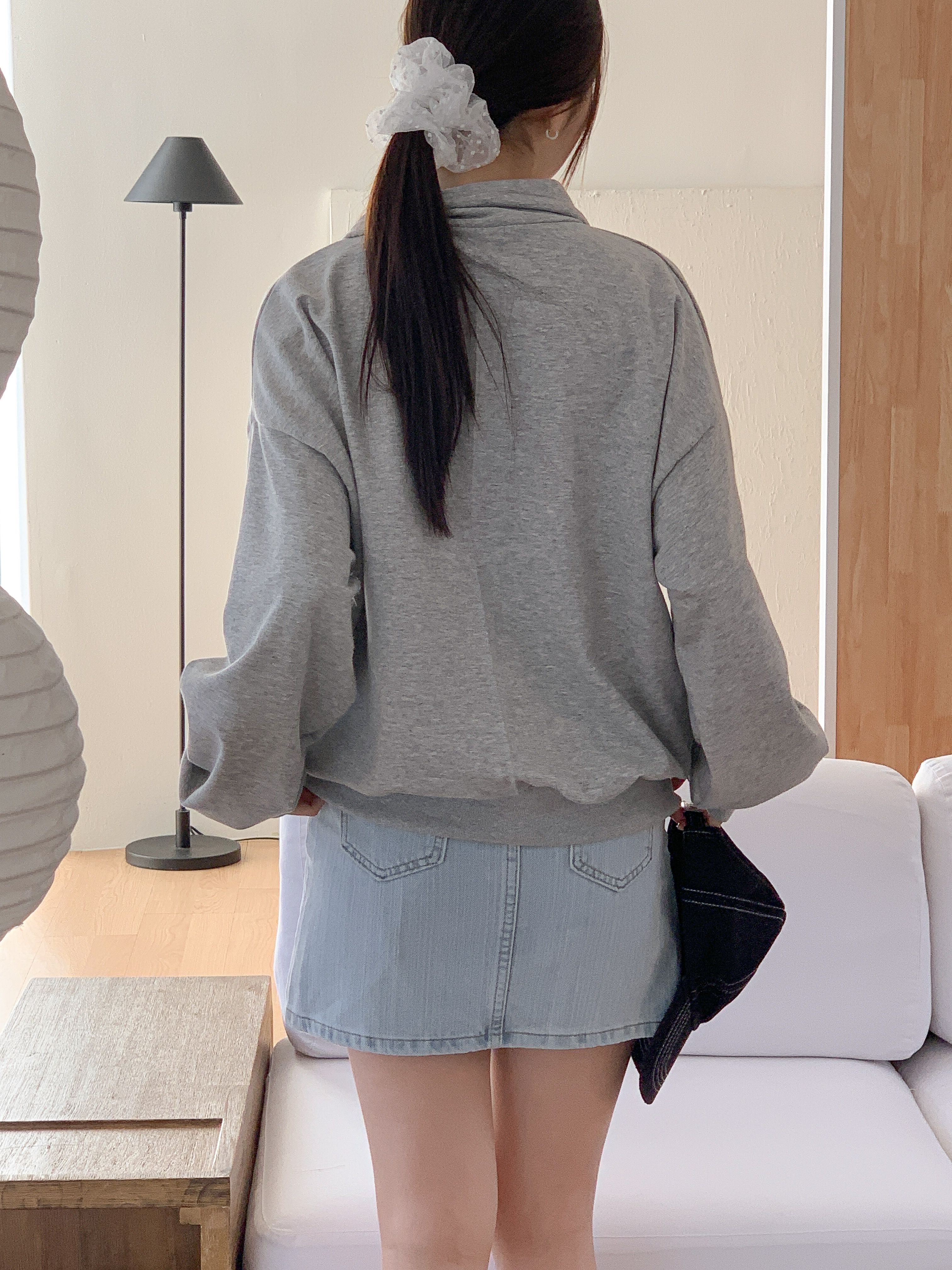 カラーハーフジップドローストリングルーズ長袖無地スウェット | 詳細画像4