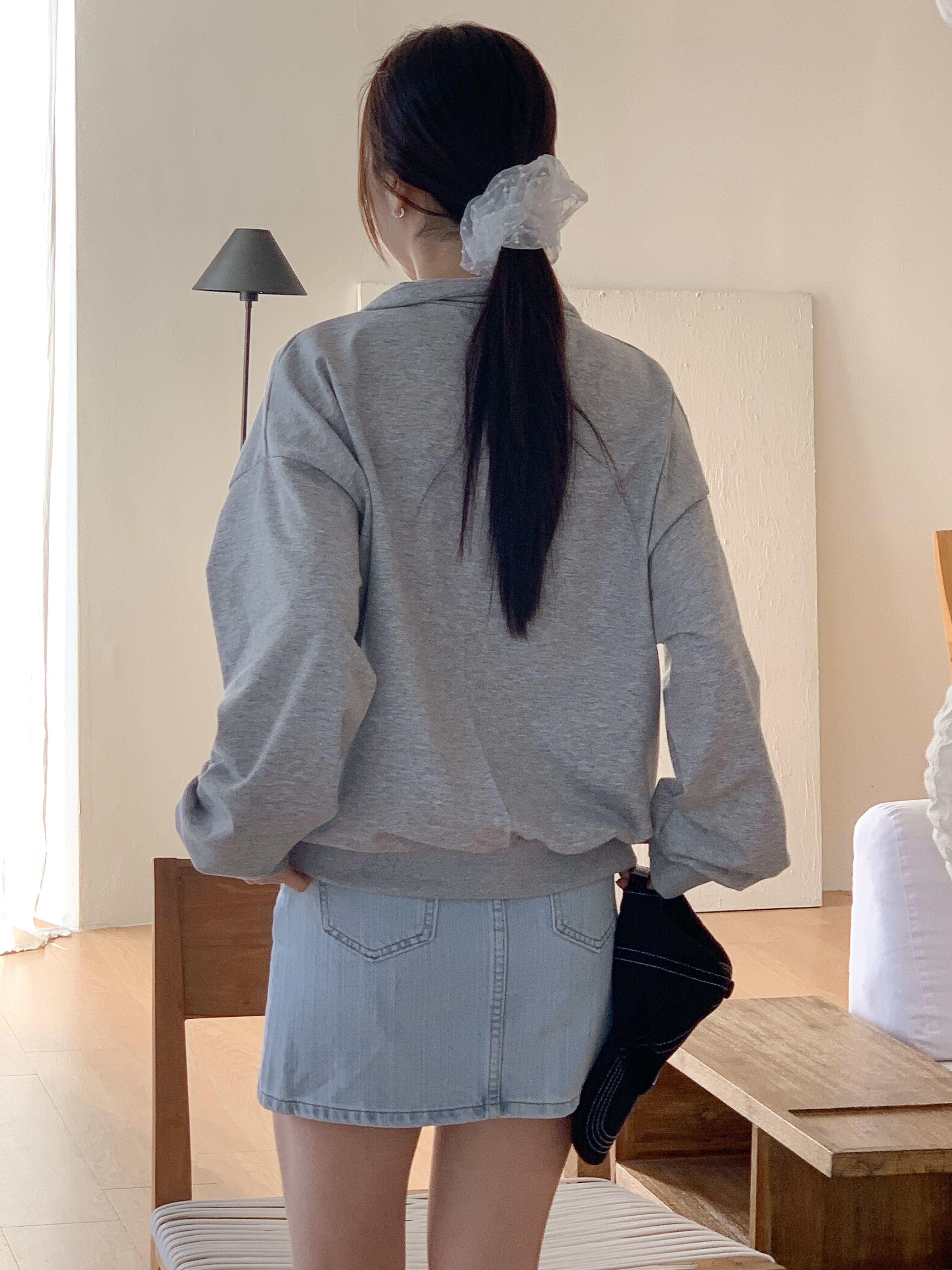 カラーハーフジップドローストリングルーズ長袖無地スウェット | 詳細画像5