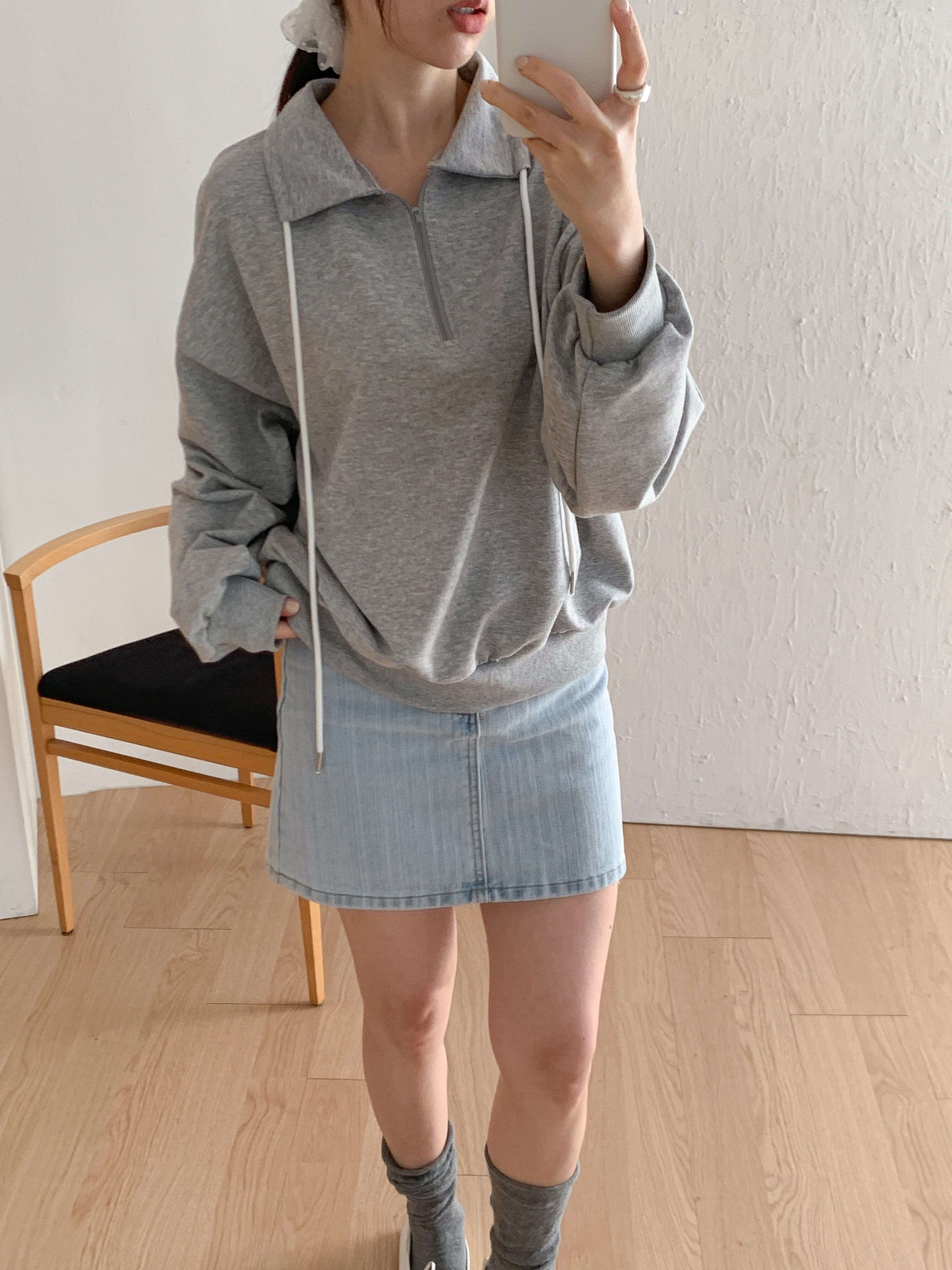 カラーハーフジップドローストリングルーズ長袖無地スウェット | 詳細画像7