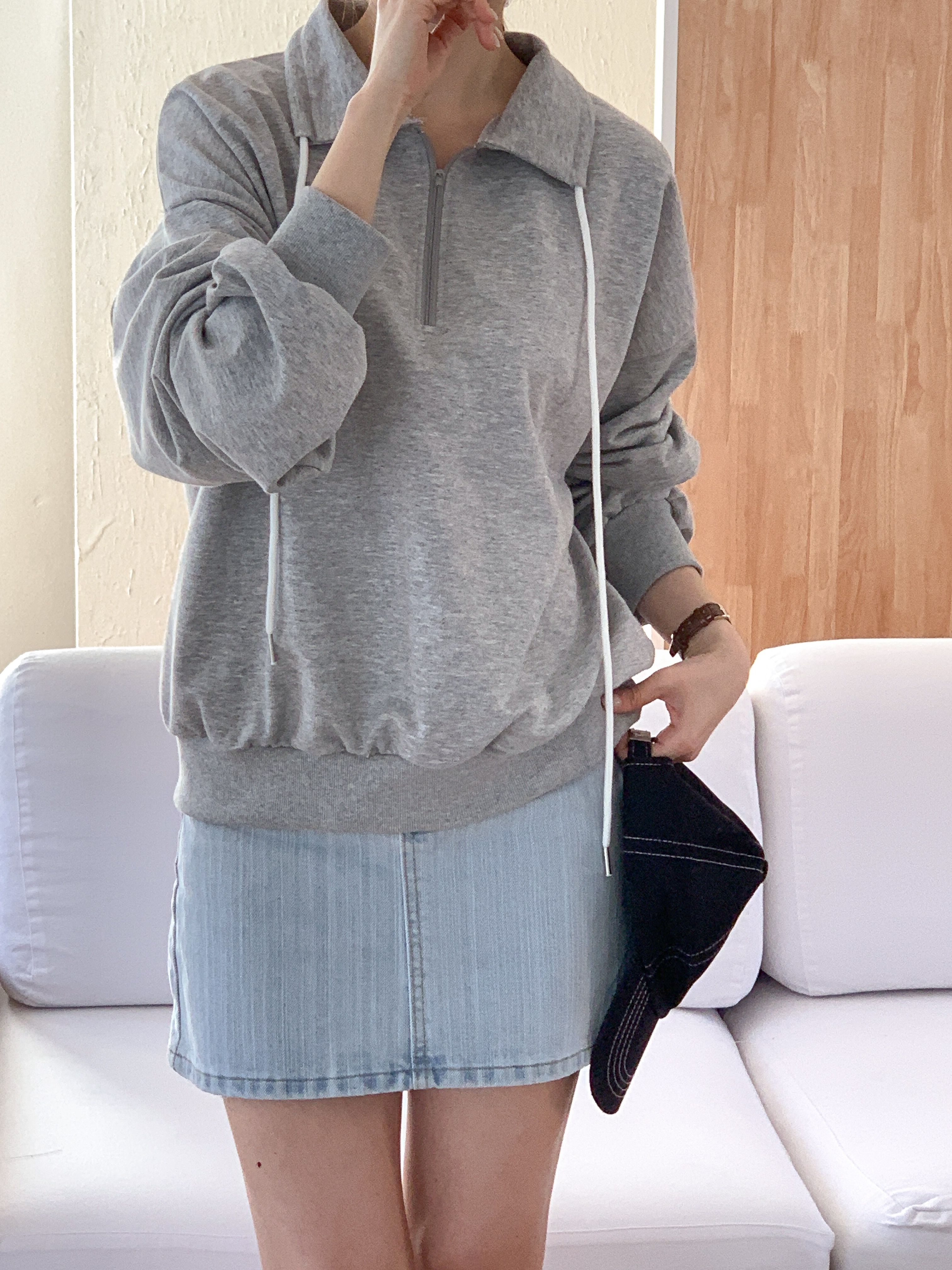 カラーハーフジップドローストリングルーズ長袖無地スウェット | 詳細画像9