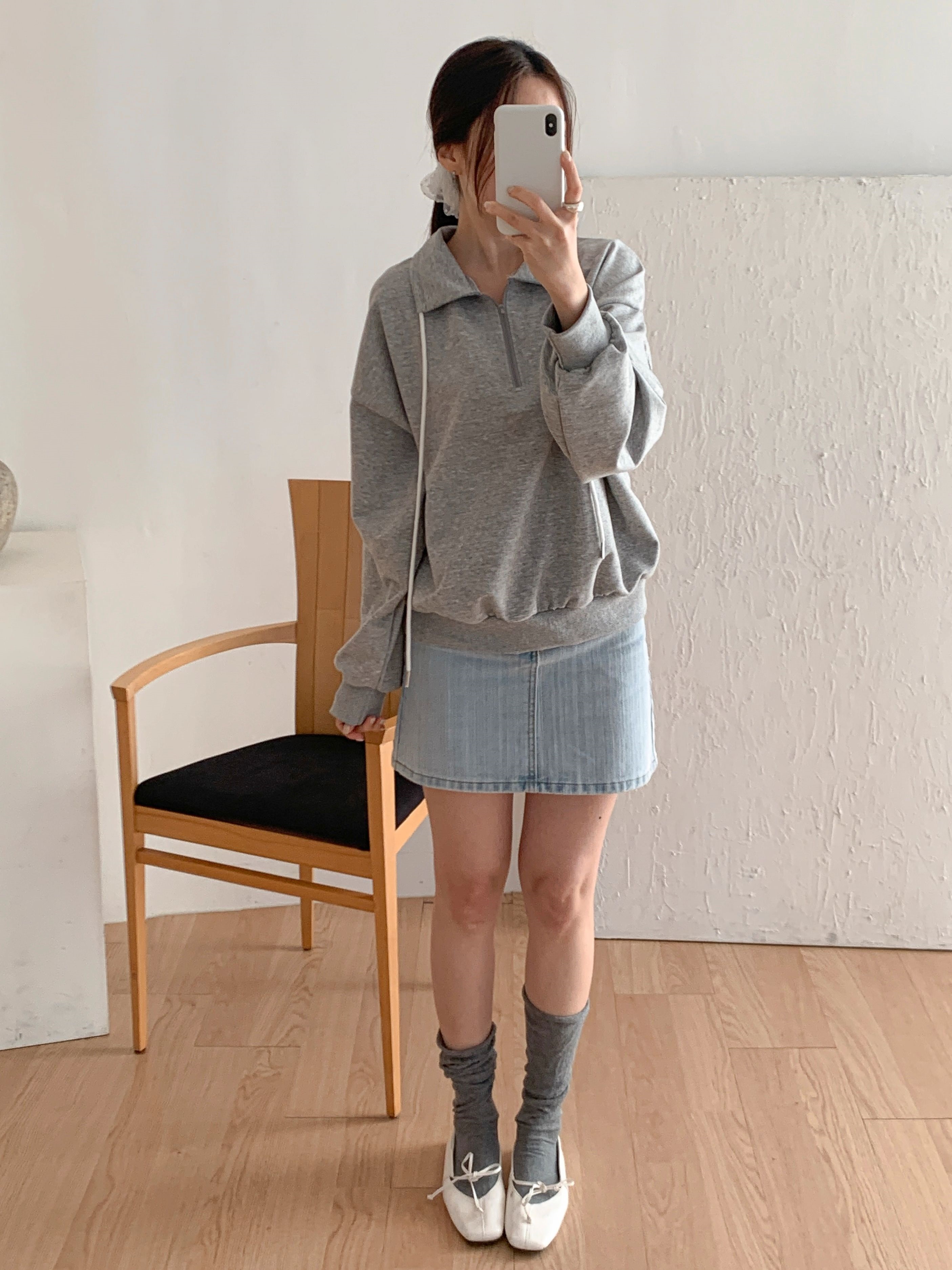 カラーハーフジップドローストリングルーズ長袖無地スウェット | 詳細画像10