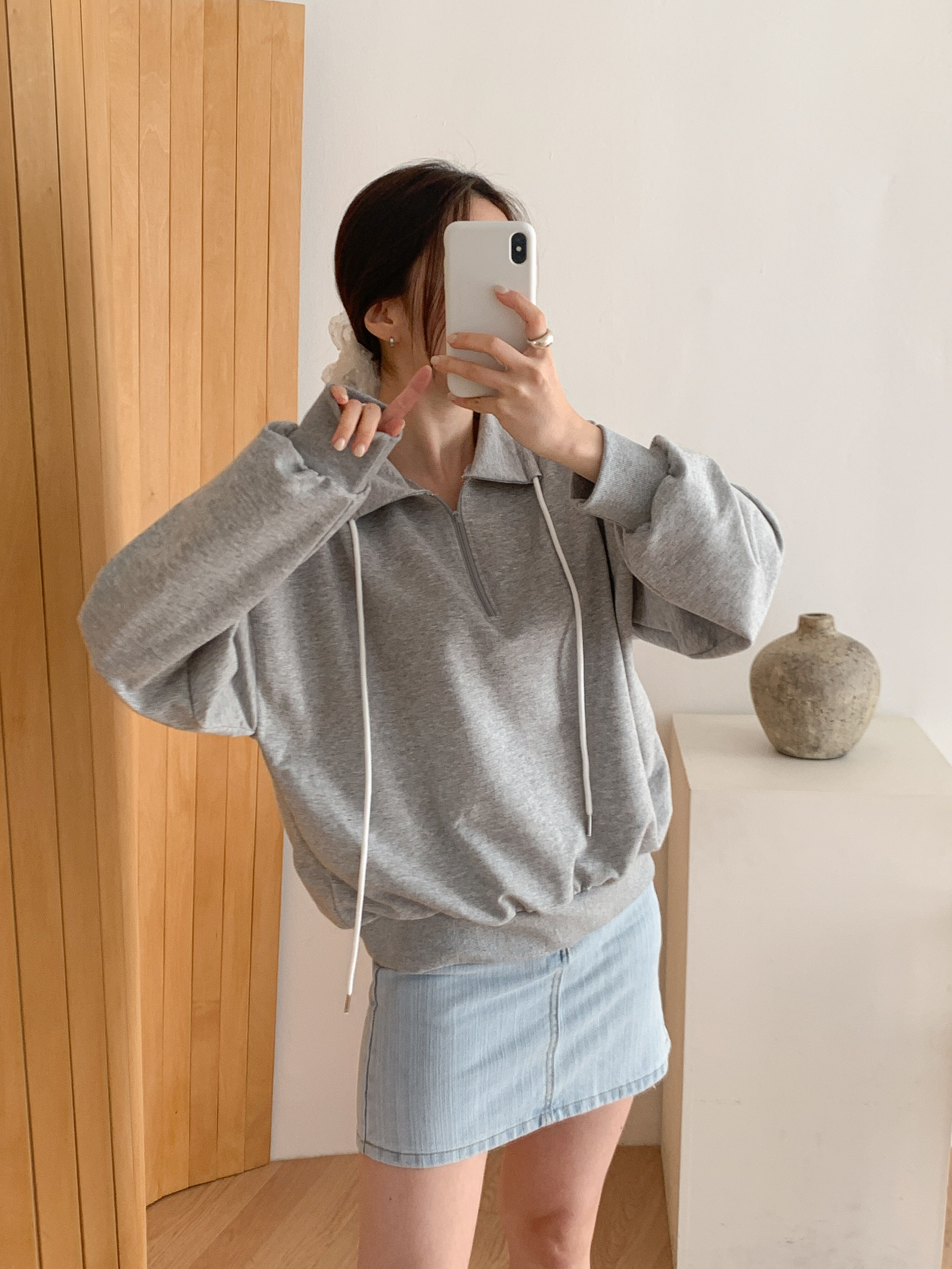 カラーハーフジップドローストリングルーズ長袖無地スウェット | 詳細画像12