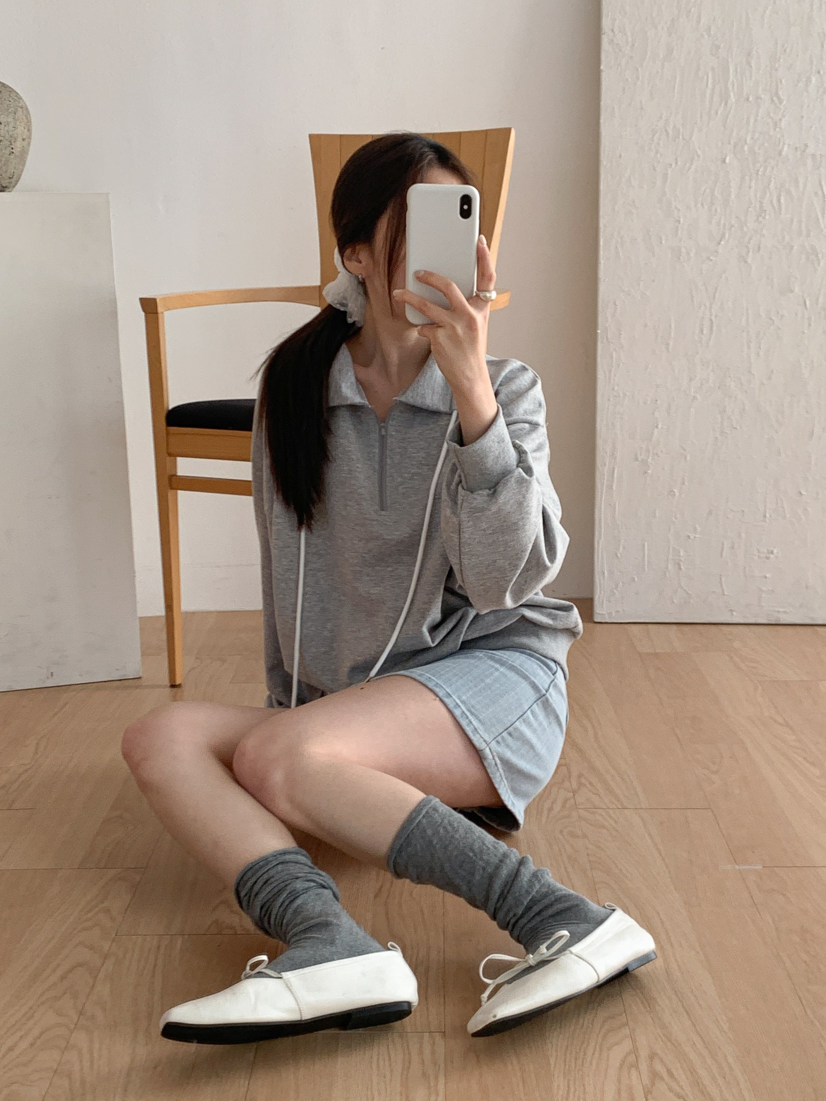 カラーハーフジップドローストリングルーズ長袖無地スウェット | 詳細画像14