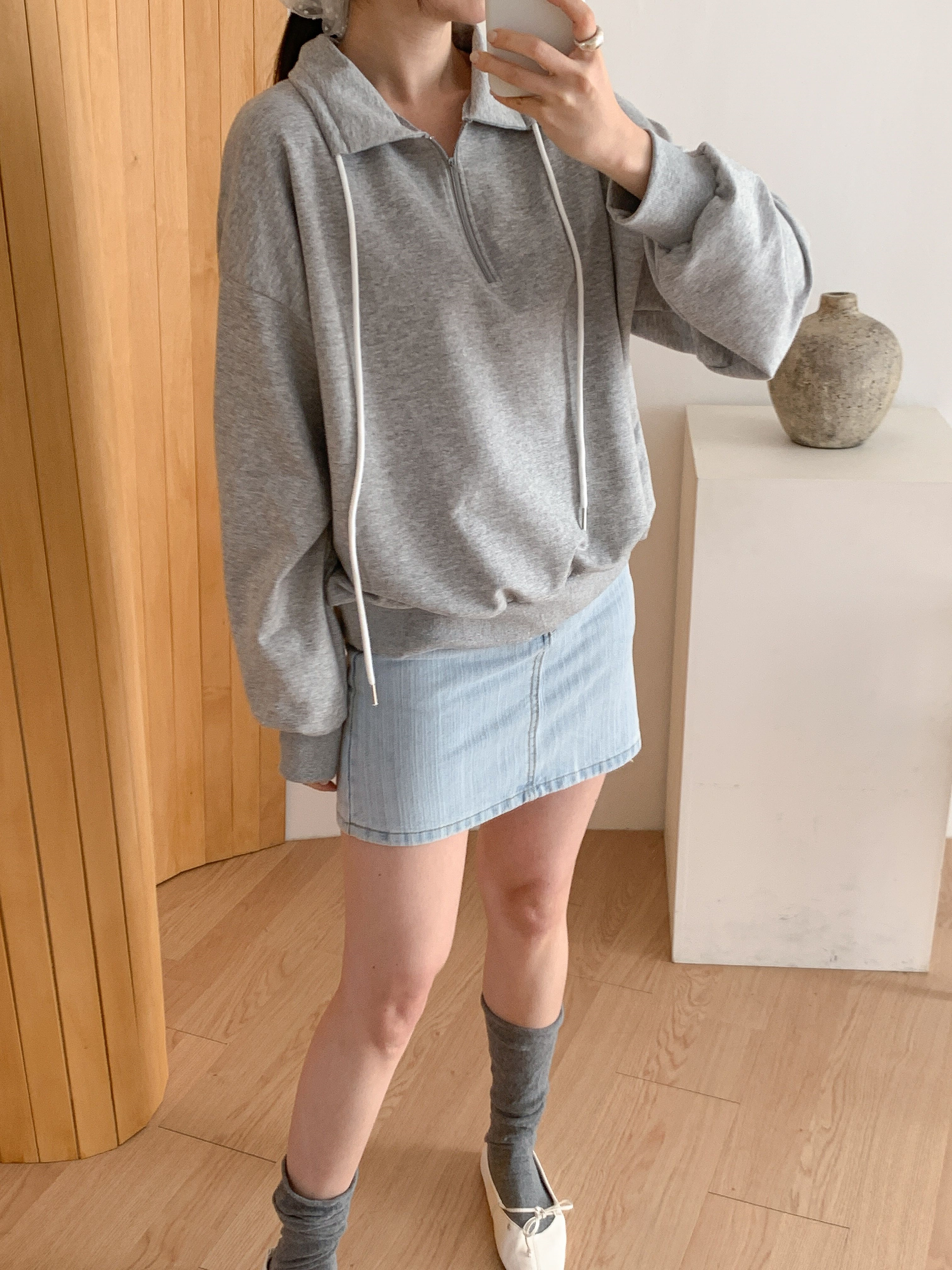 カラーハーフジップドローストリングルーズ長袖無地スウェット | 詳細画像15