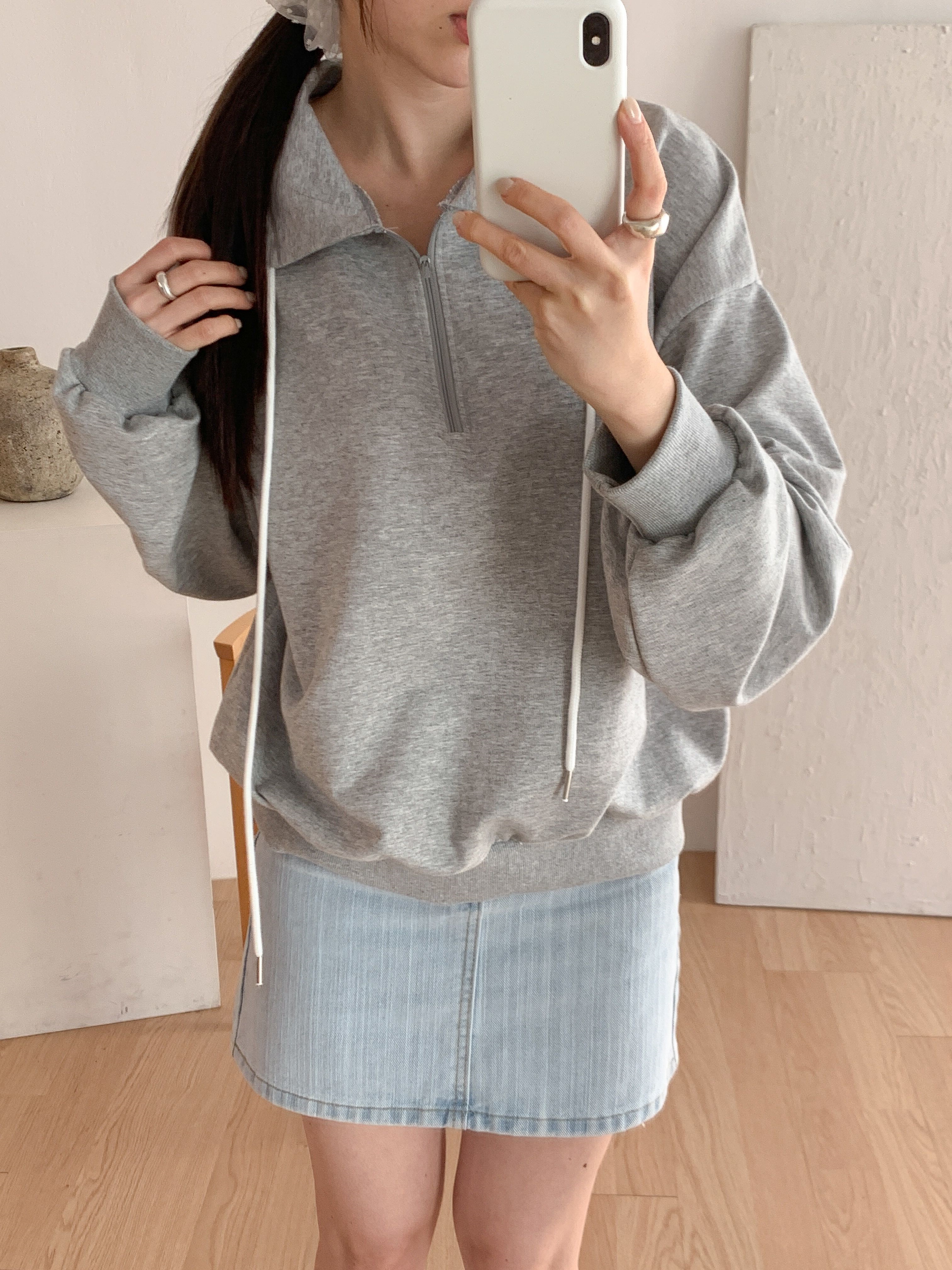 カラーハーフジップドローストリングルーズ長袖無地スウェット | 詳細画像16