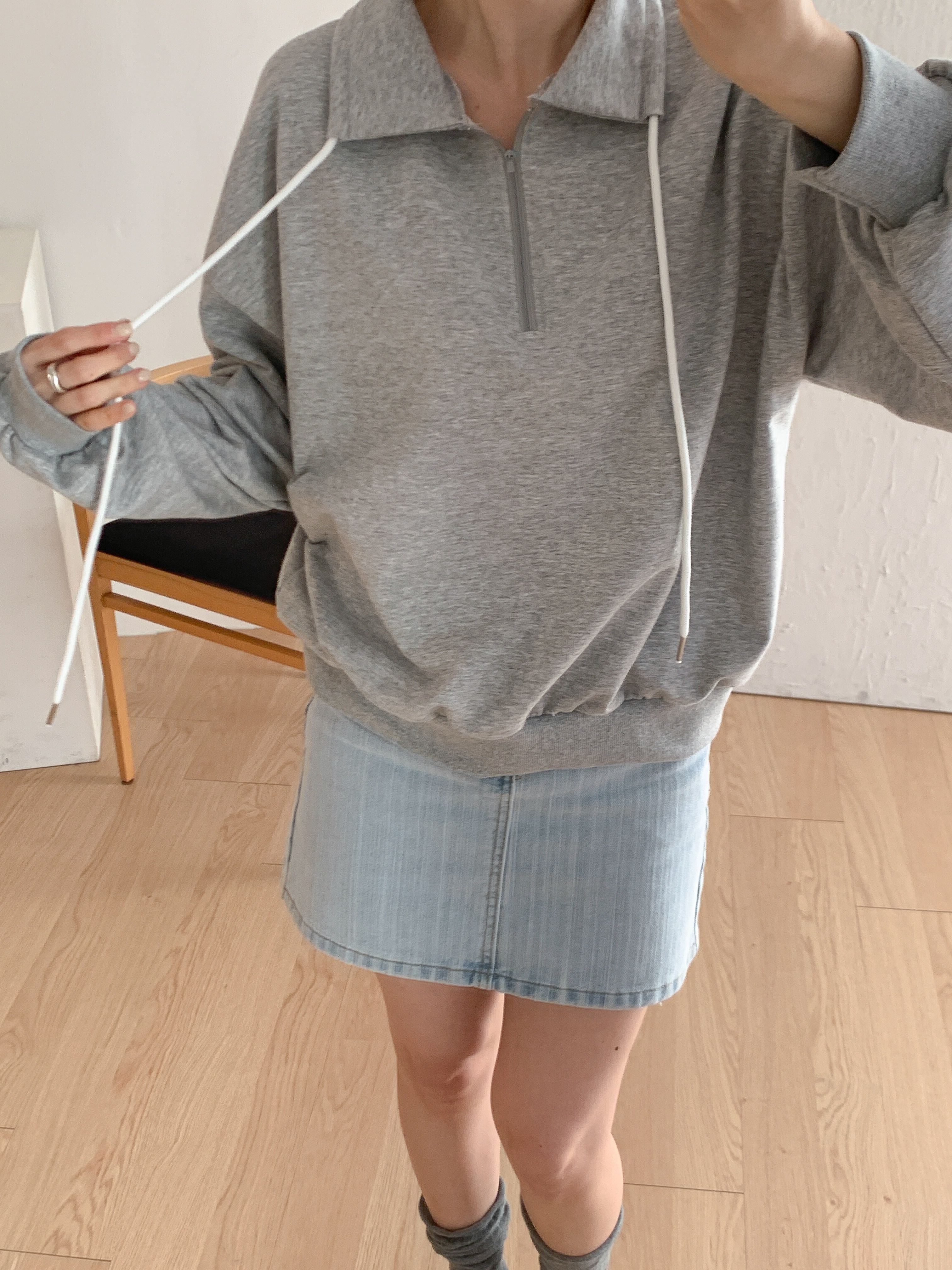 カラーハーフジップドローストリングルーズ長袖無地スウェット | 詳細画像17