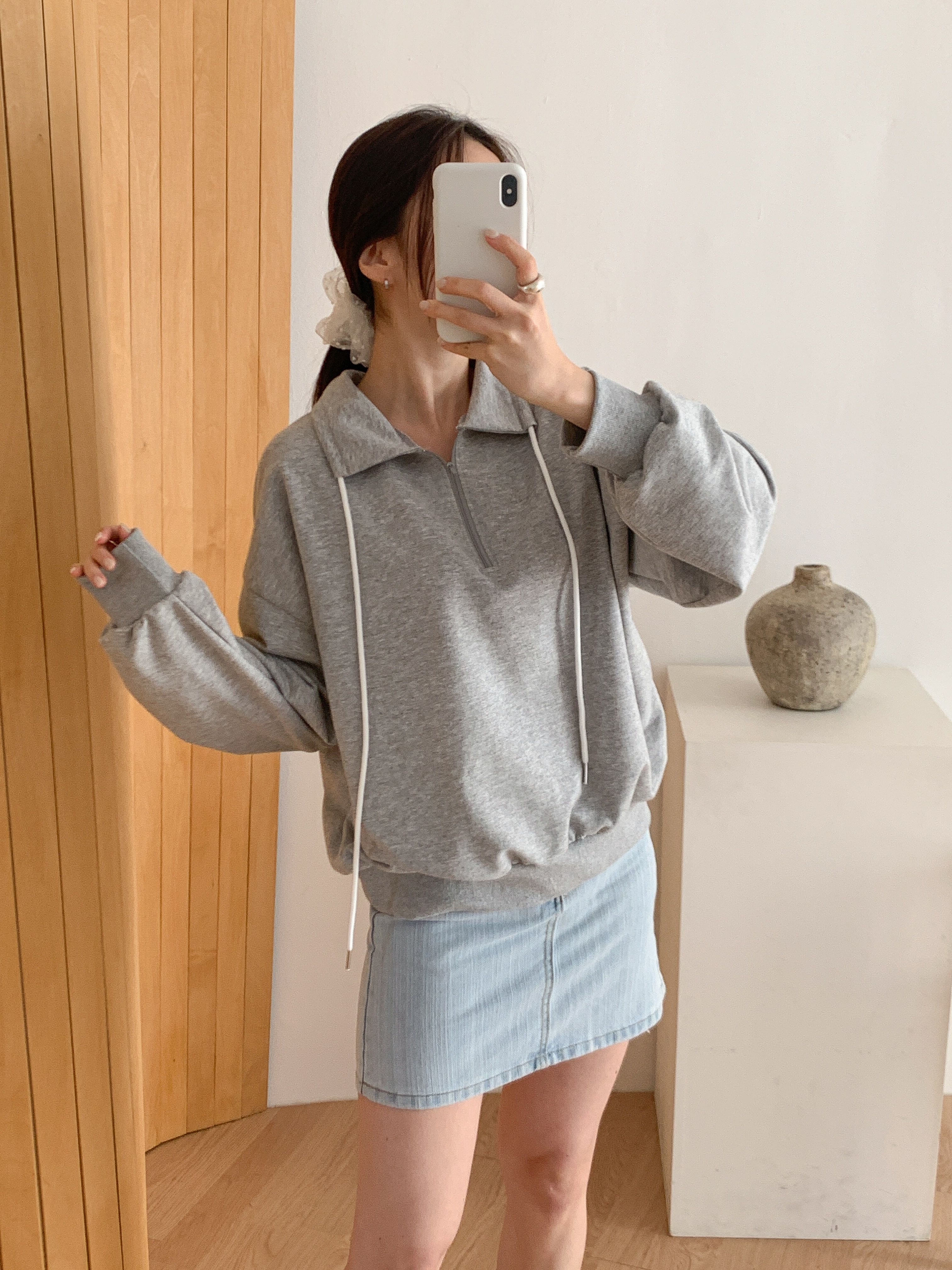 カラーハーフジップドローストリングルーズ長袖無地スウェット | 詳細画像18