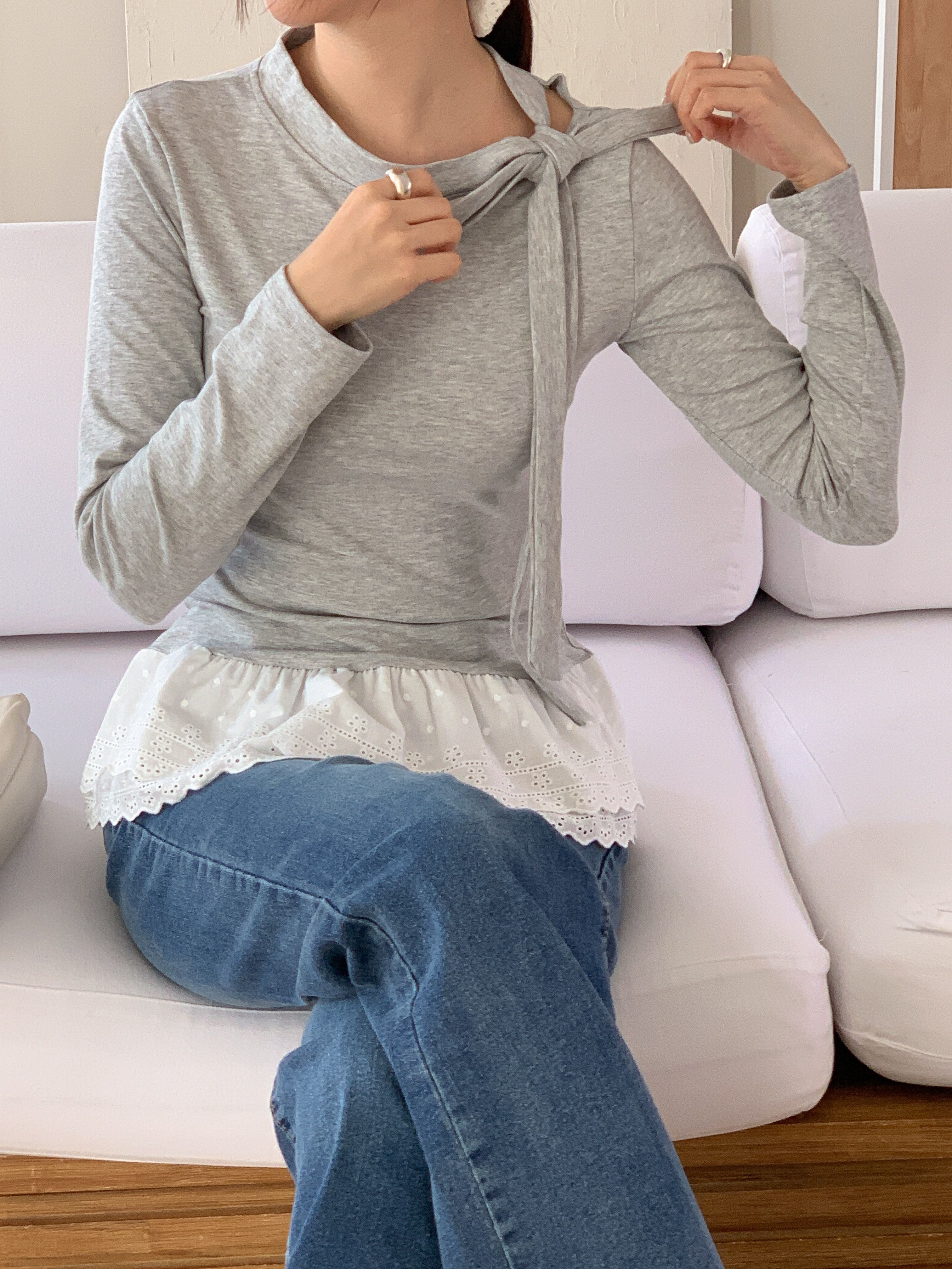 アイレットレースコットンハーフネックワンショルダードローストリングスリム長袖Tシャツ | 詳細画像4