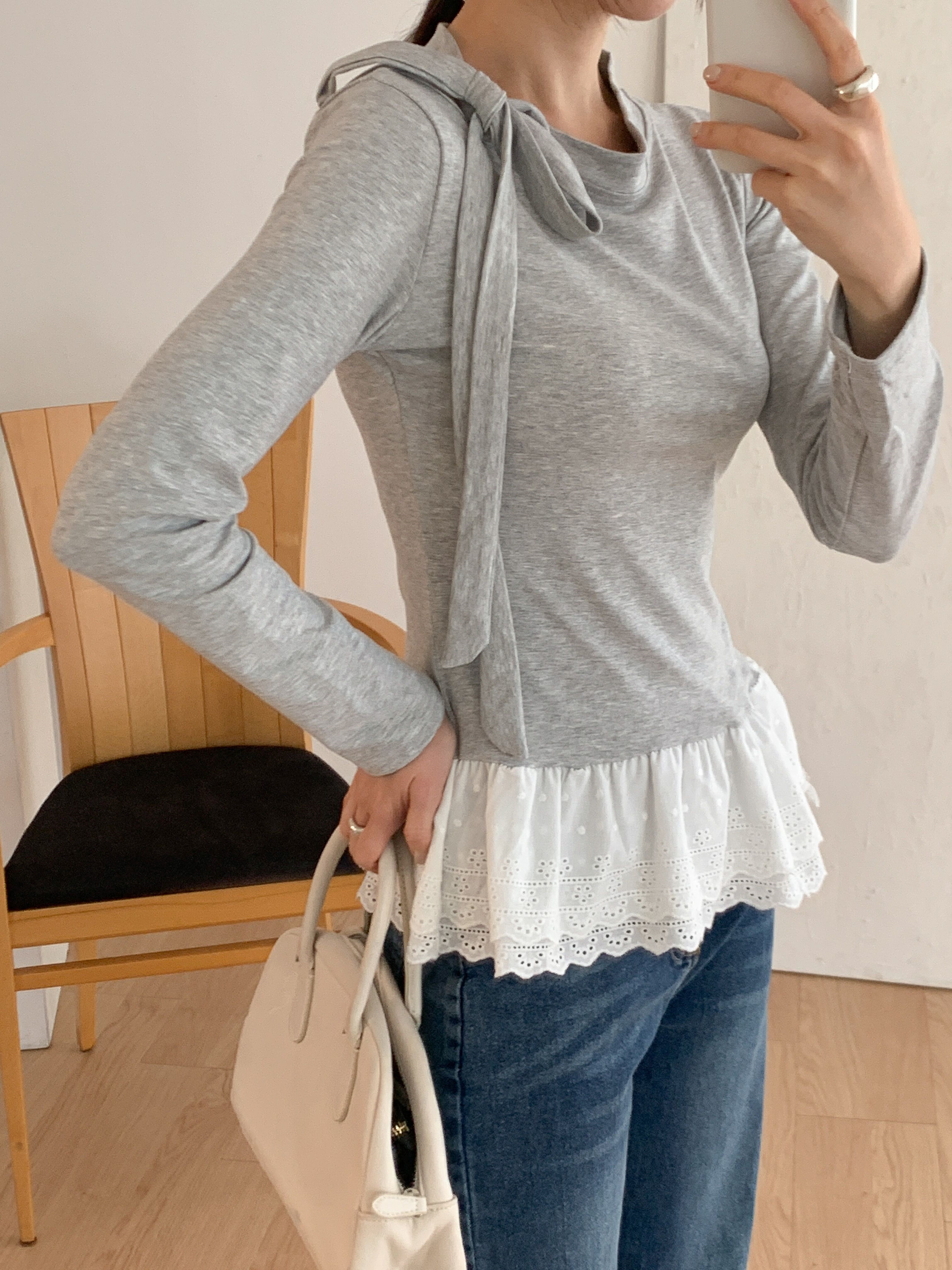 アイレットレースコットンハーフネックワンショルダードローストリングスリム長袖Tシャツ | 詳細画像6