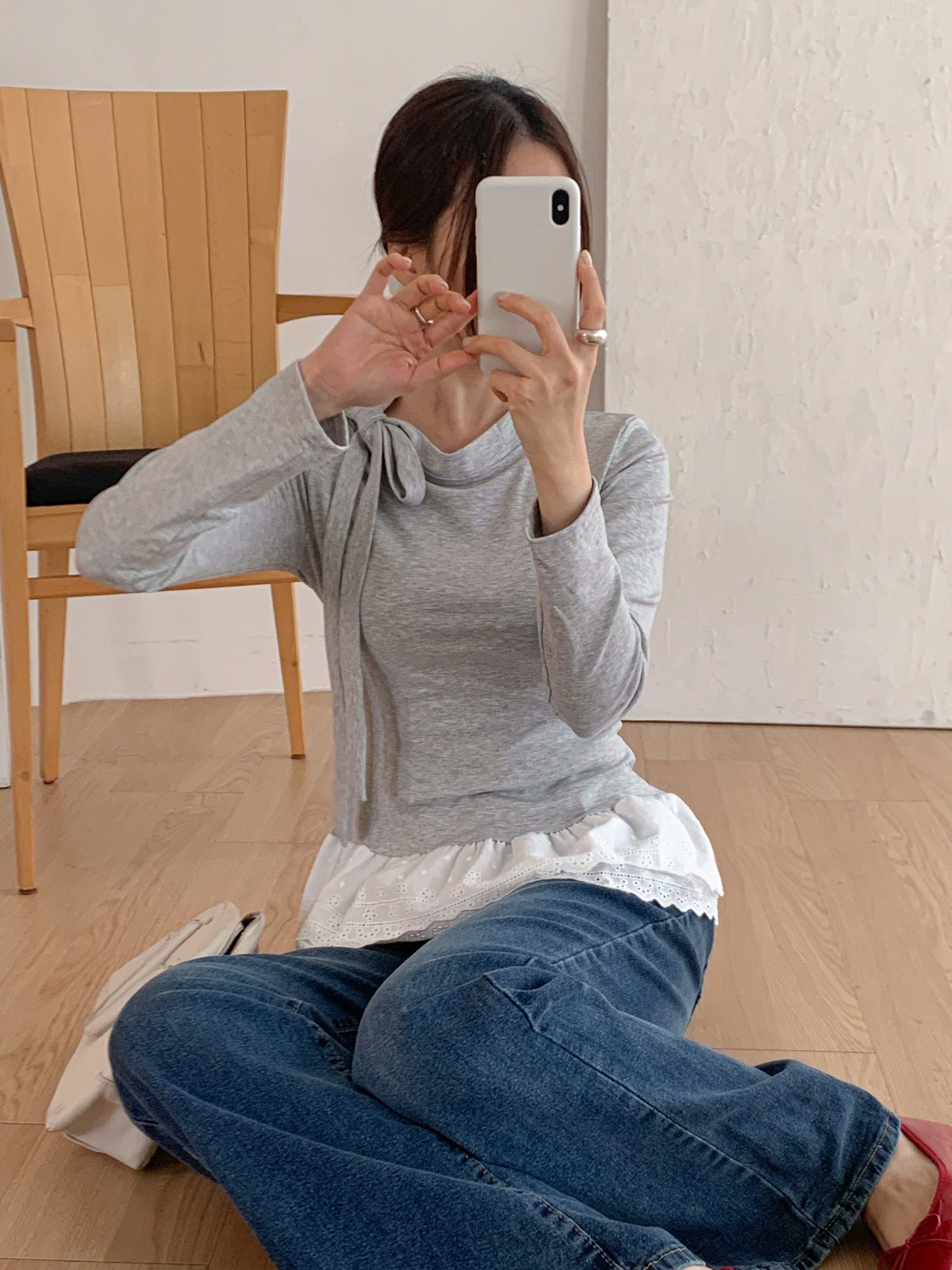 アイレットレースコットンハーフネックワンショルダードローストリングスリム長袖Tシャツ | 詳細画像7