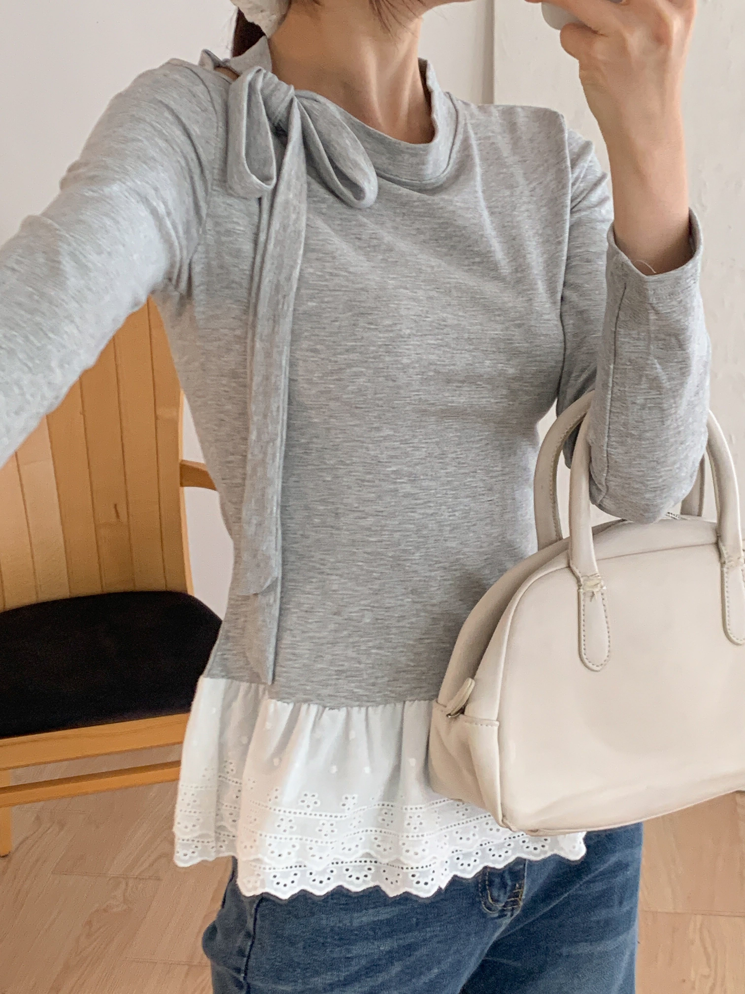 アイレットレースコットンハーフネックワンショルダードローストリングスリム長袖Tシャツ | 詳細画像11