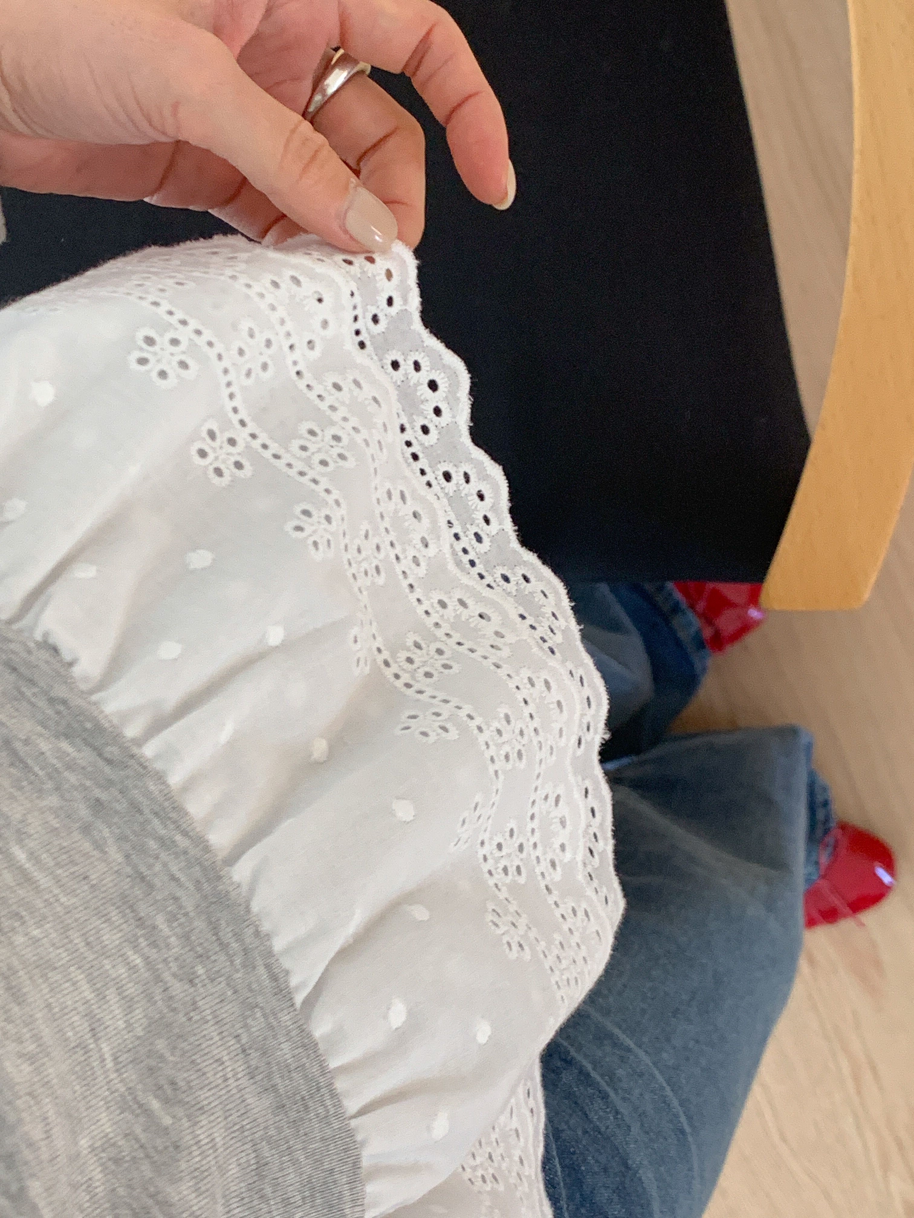 アイレットレースコットンハーフネックワンショルダードローストリングスリム長袖Tシャツ | 詳細画像12