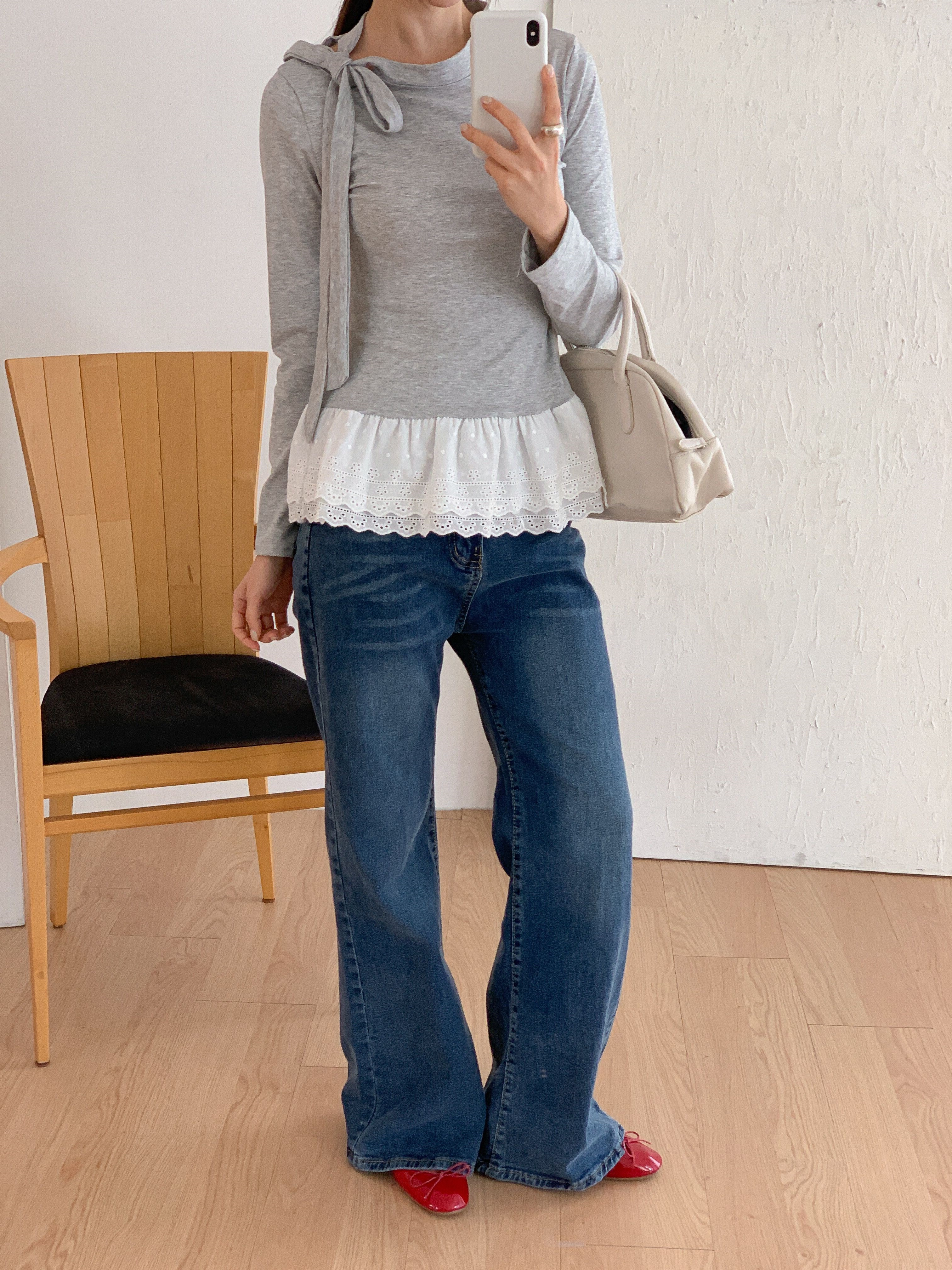 アイレットレースコットンハーフネックワンショルダードローストリングスリム長袖Tシャツ | 詳細画像15