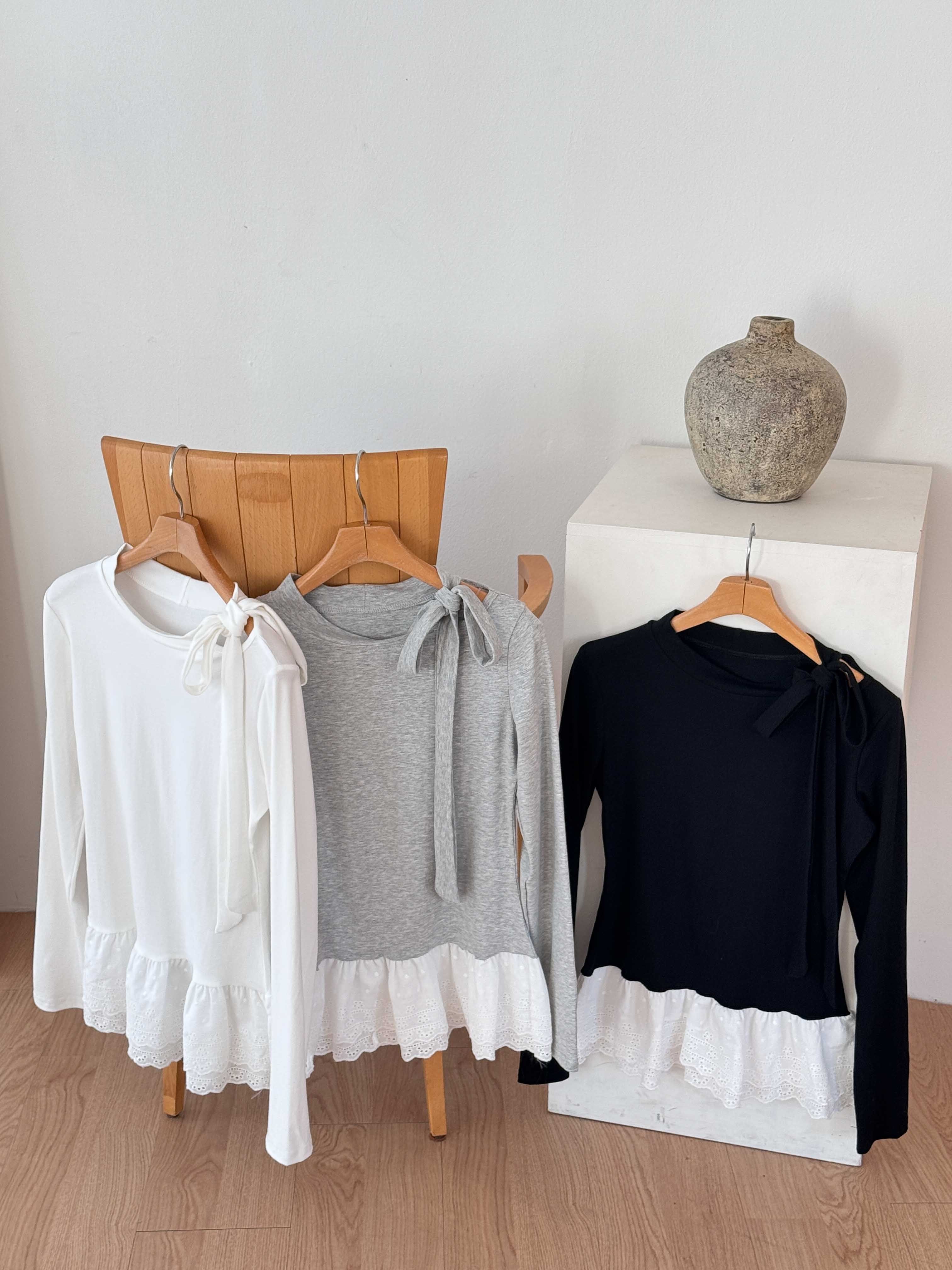 アイレットレースコットンハーフネックワンショルダードローストリングスリム長袖Tシャツ | 詳細画像21