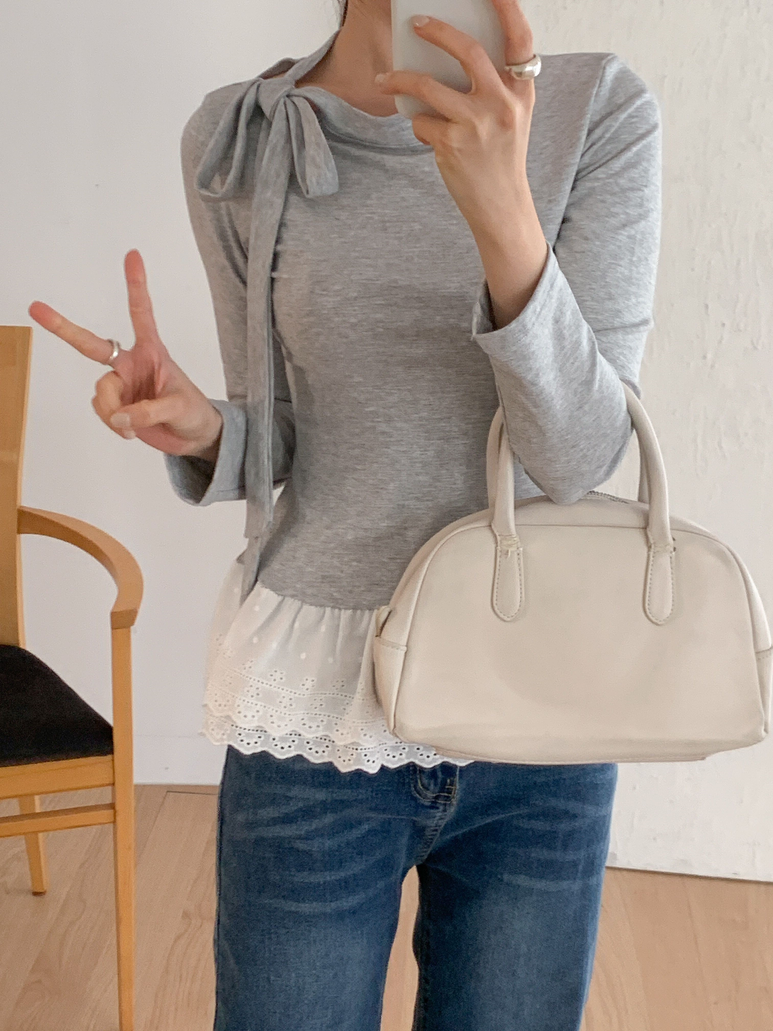 アイレットレースコットンハーフネックワンショルダードローストリングスリム長袖Tシャツ | 詳細画像17