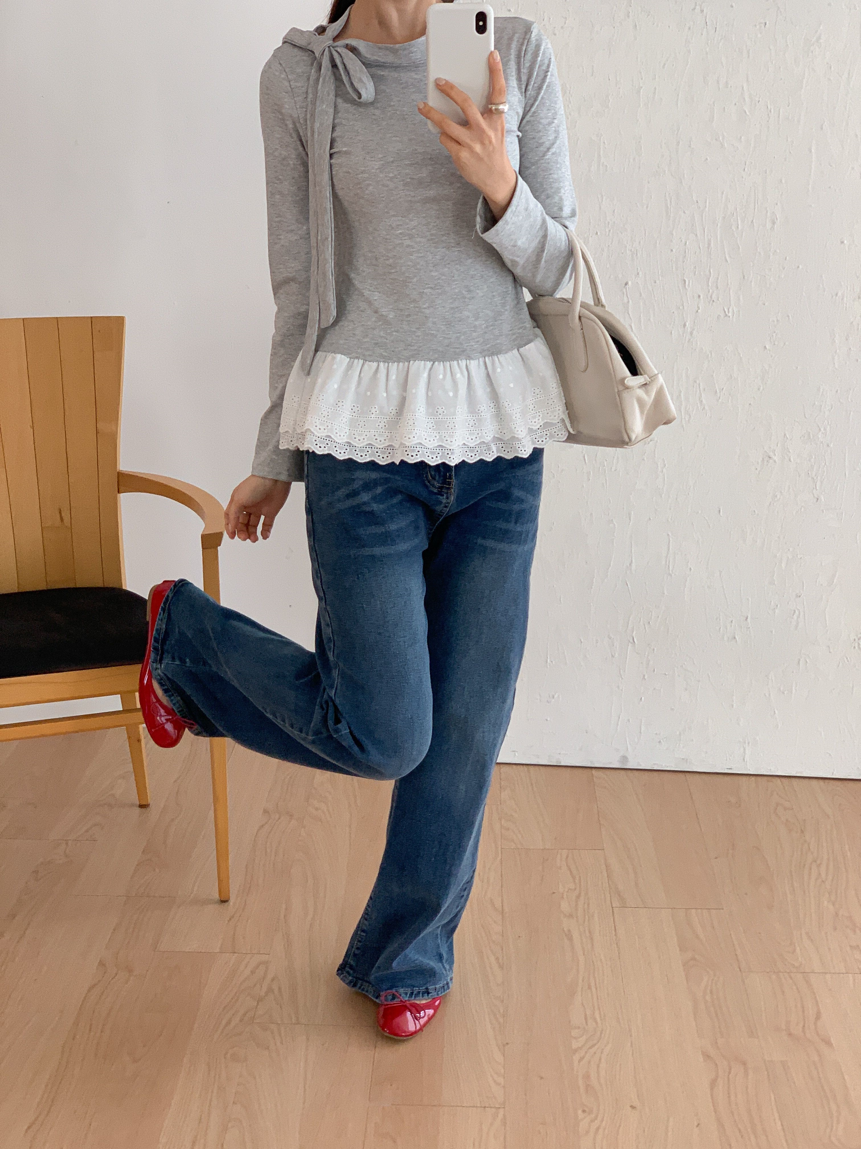 アイレットレースコットンハーフネックワンショルダードローストリングスリム長袖Tシャツ | 詳細画像18