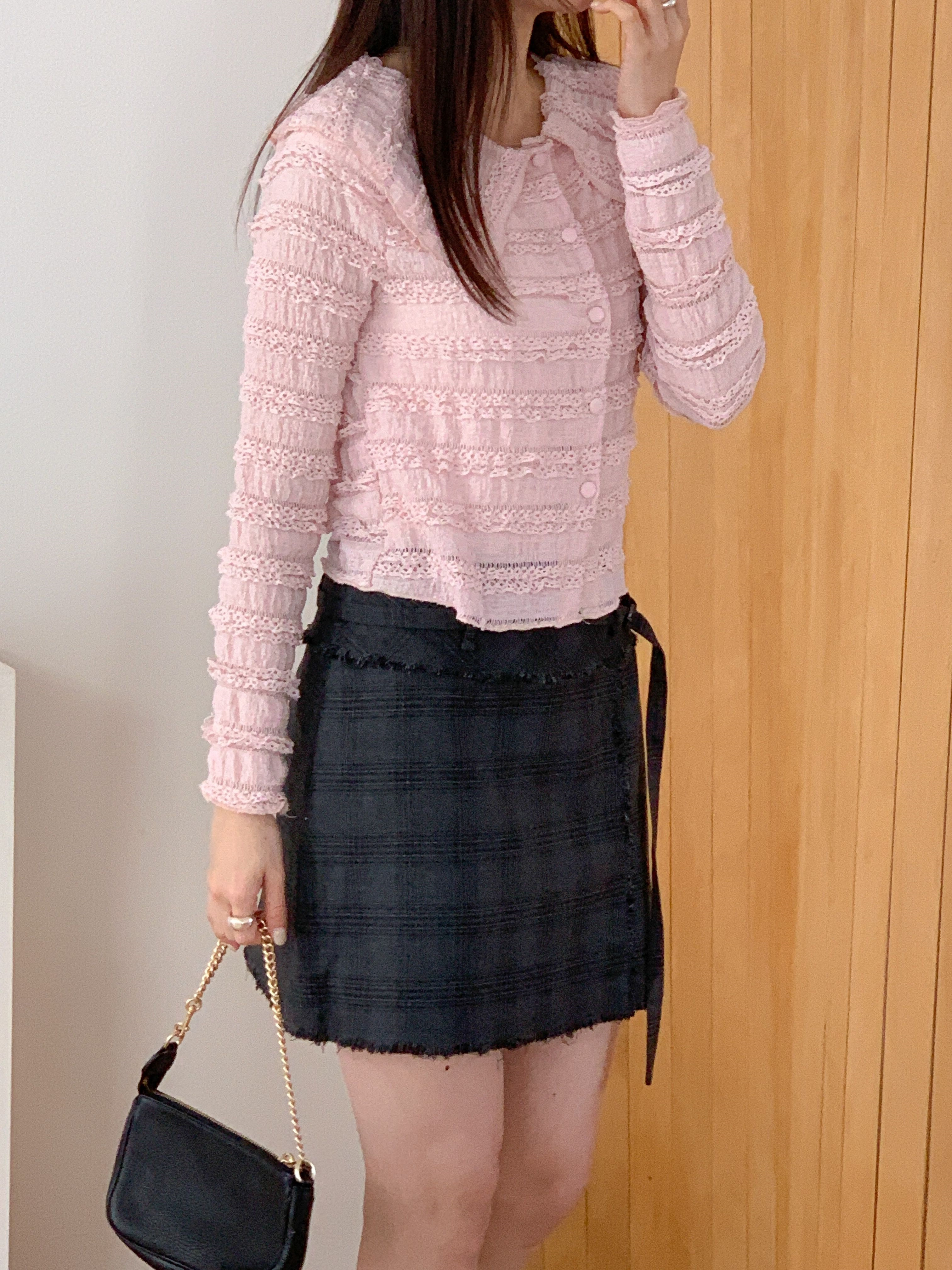 セーラーカラーリンクルティアードクロップドスリム長袖くるみボタンレースカーディガン | 詳細画像2