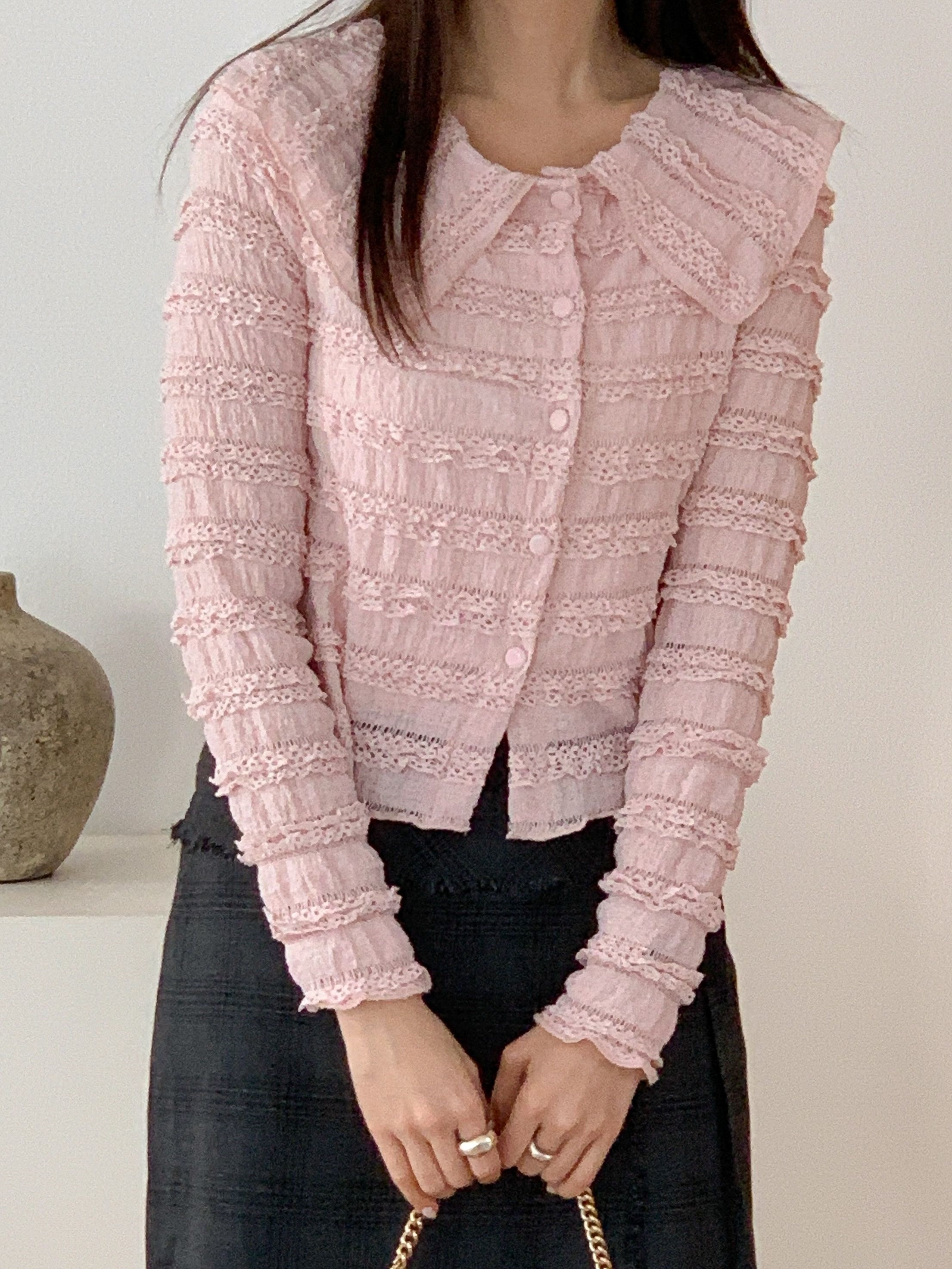 セーラーカラーリンクルティアードクロップドスリム長袖くるみボタンレースカーディガン | 詳細画像3