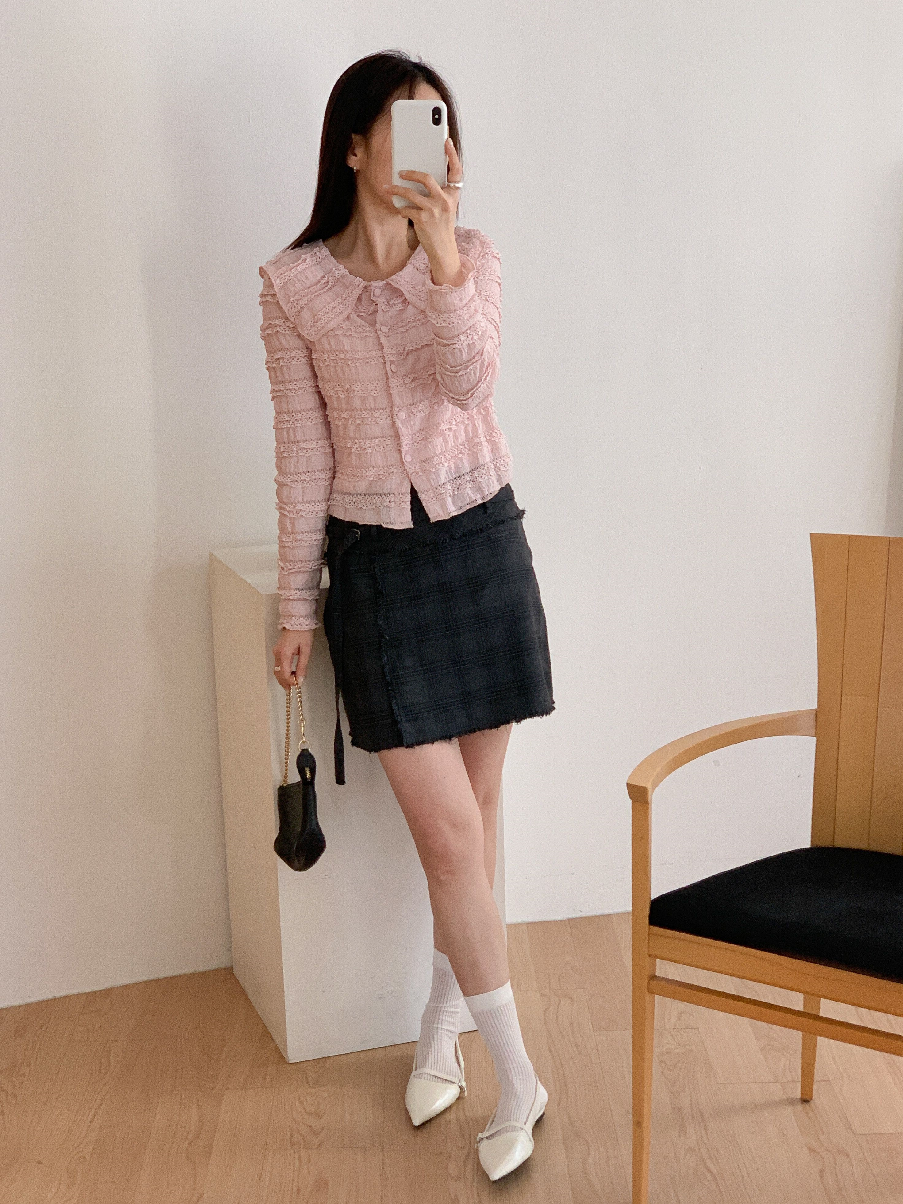 セーラーカラーリンクルティアードクロップドスリム長袖くるみボタンレースカーディガン | 詳細画像6