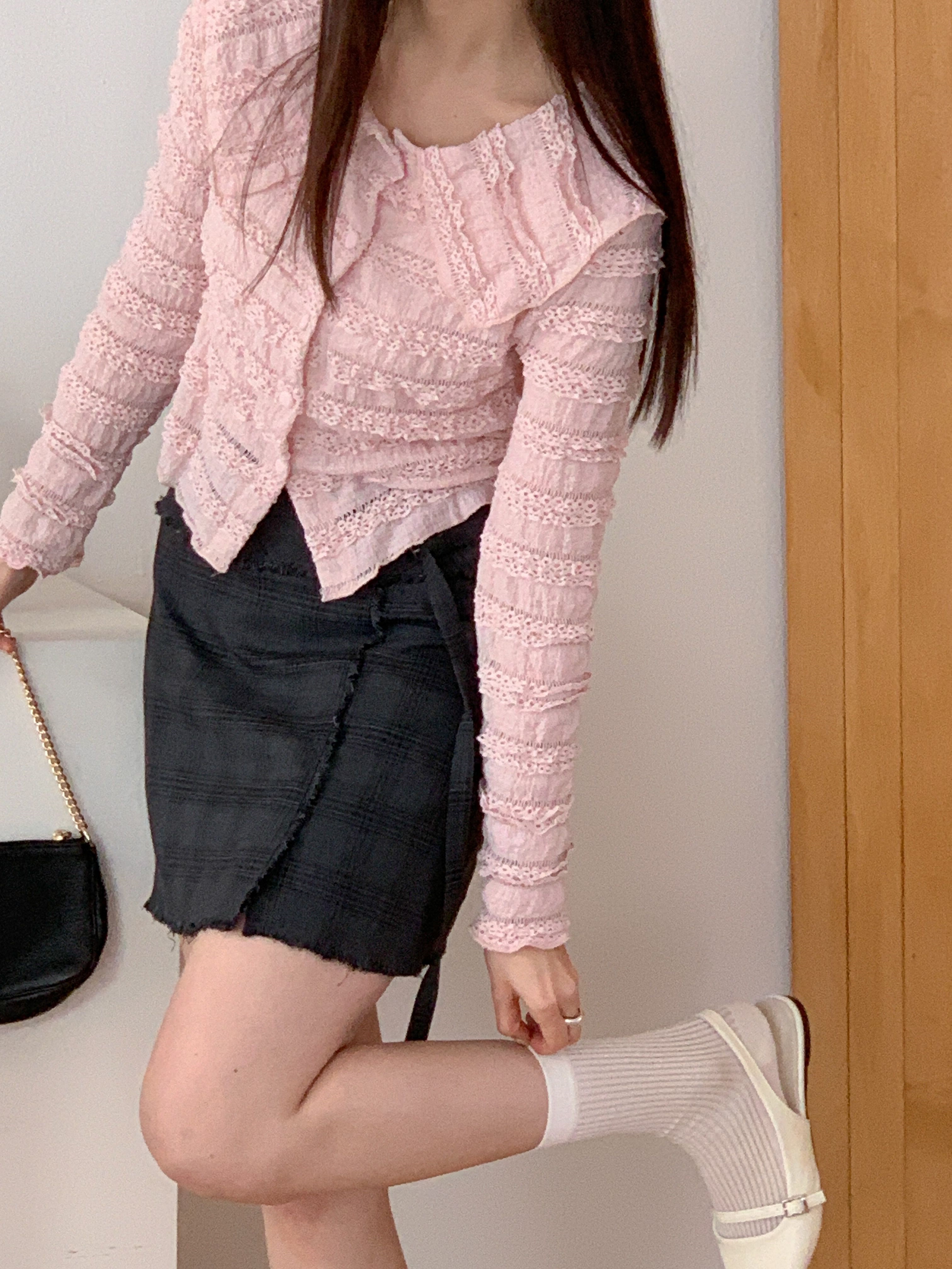 セーラーカラーリンクルティアードクロップドスリム長袖くるみボタンレースカーディガン | 詳細画像7