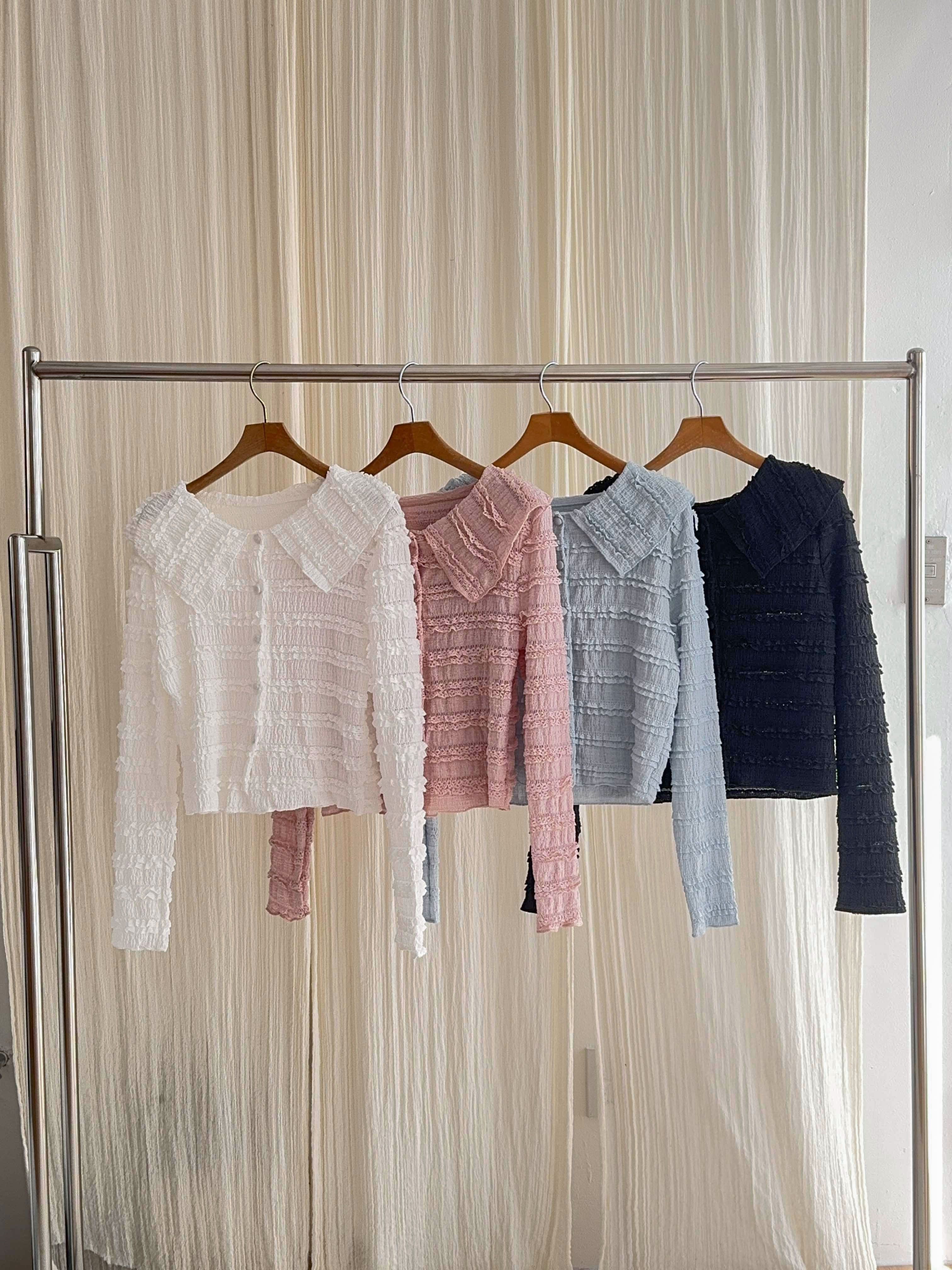 セーラーカラーリンクルティアードクロップドスリム長袖くるみボタンレースカーディガン | 詳細画像21