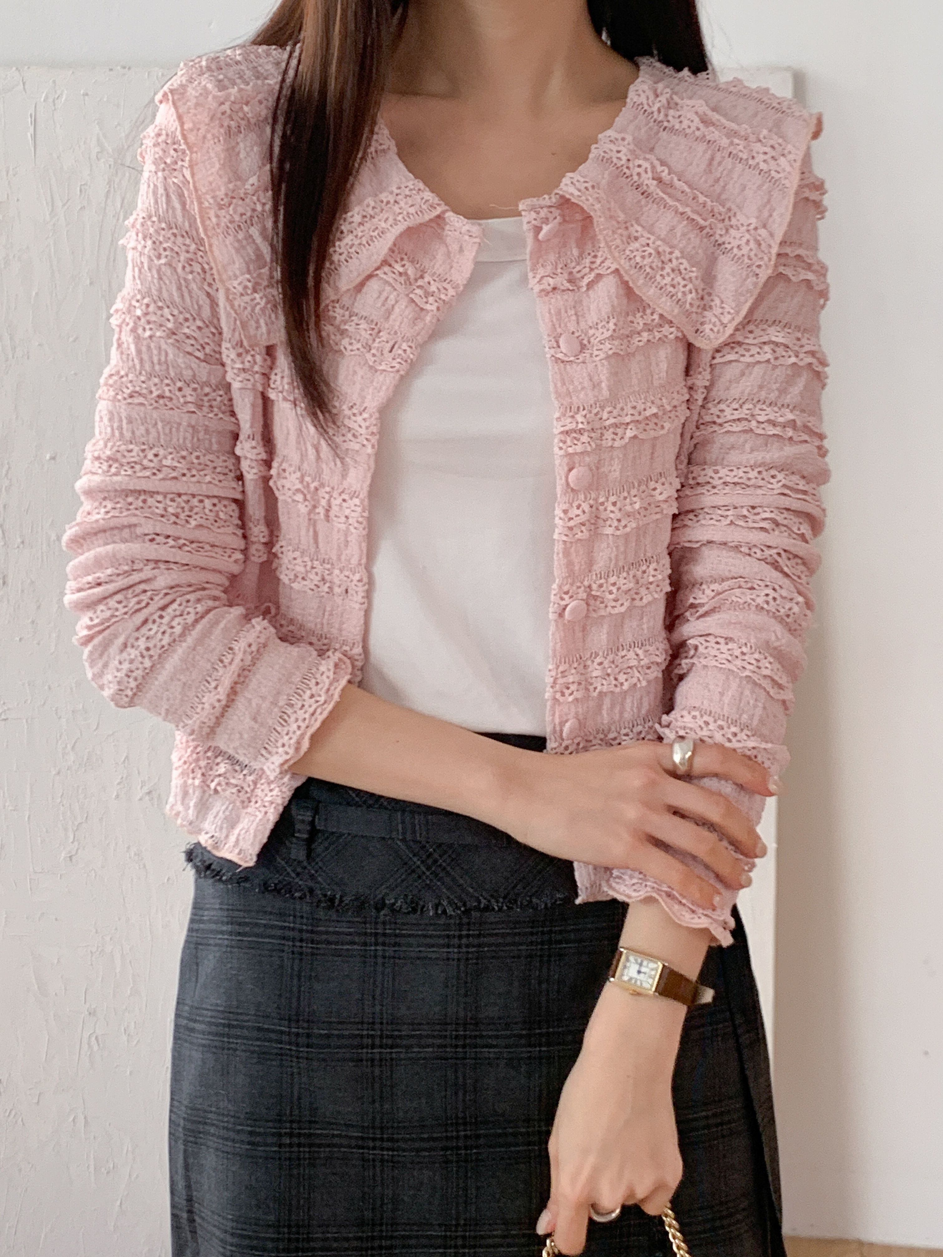 セーラーカラーリンクルティアードクロップドスリム長袖くるみボタンレースカーディガン | 詳細画像17