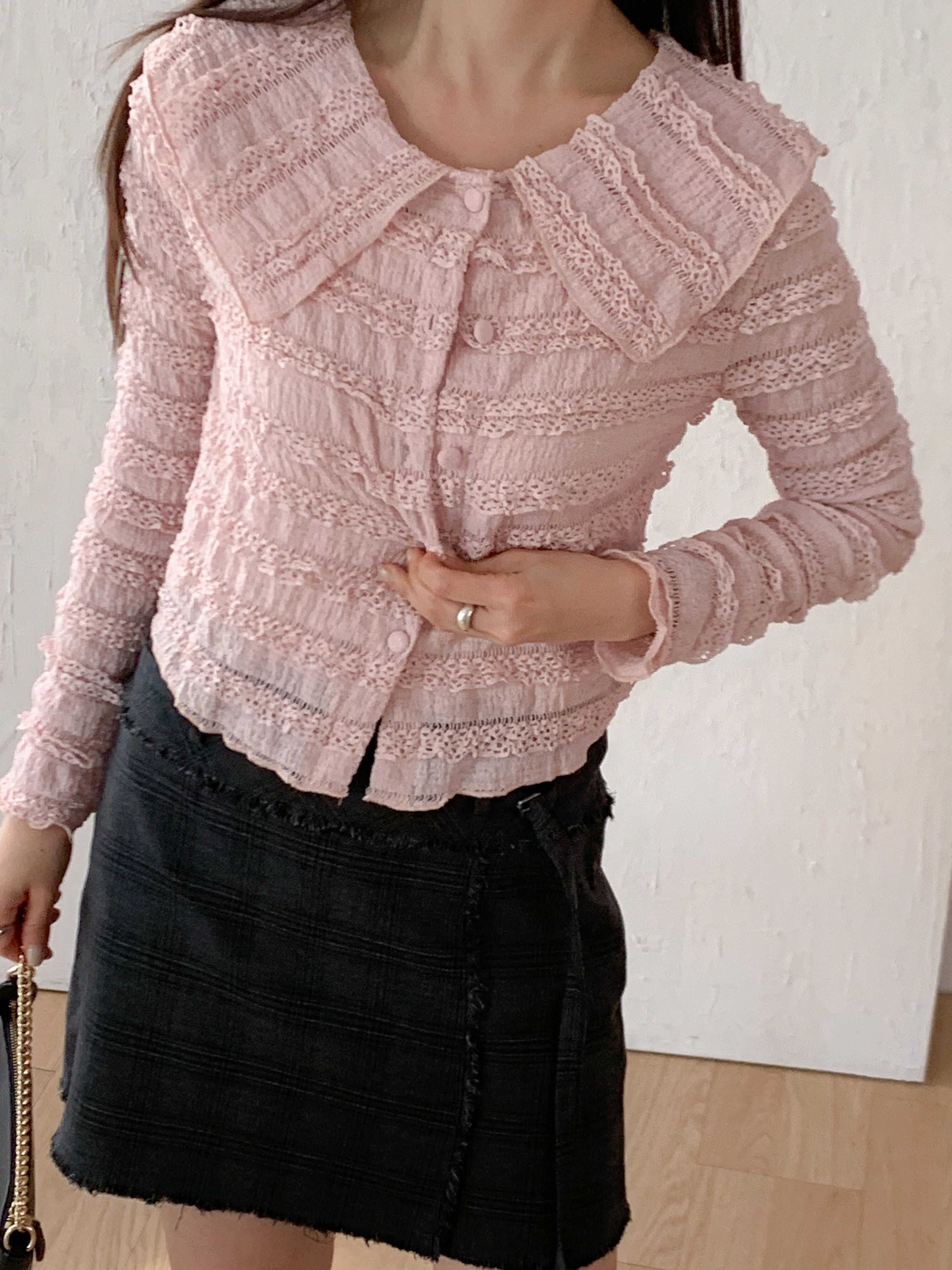 セーラーカラーリンクルティアードクロップドスリム長袖くるみボタンレースカーディガン | 詳細画像18