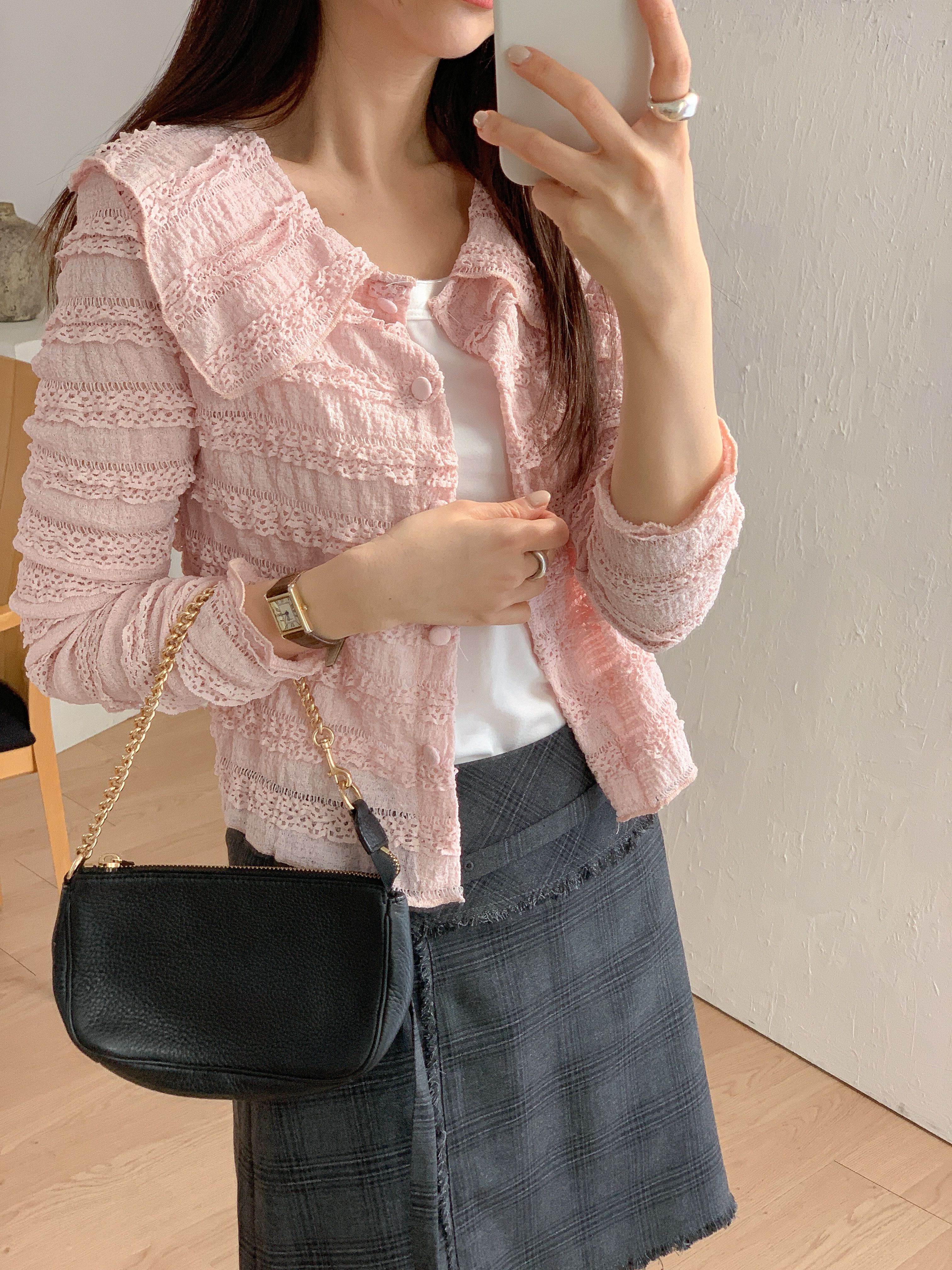 セーラーカラーリンクルティアードクロップドスリム長袖くるみボタンレースカーディガン | 詳細画像19