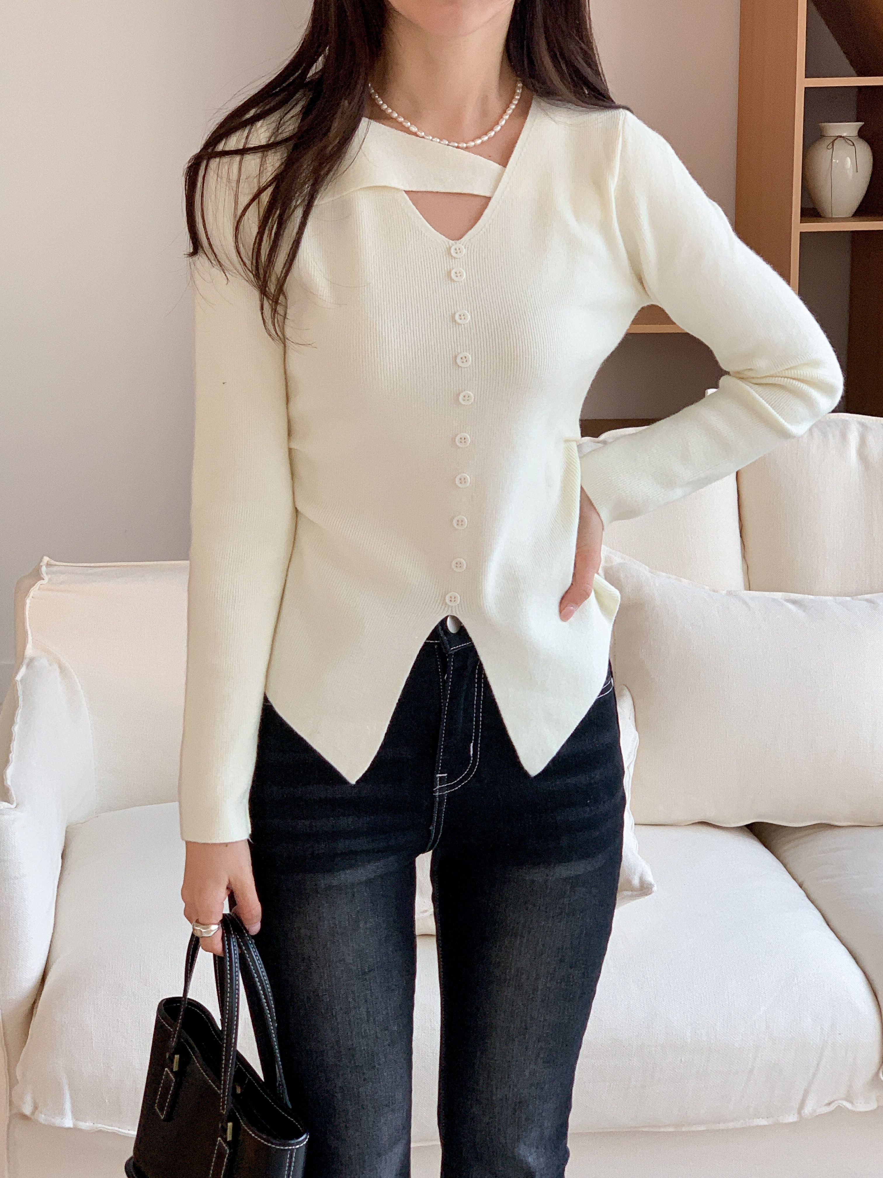 アンバランスネックスリットスリム長袖ギャザーフェイクボタン無地ニット | 詳細画像3