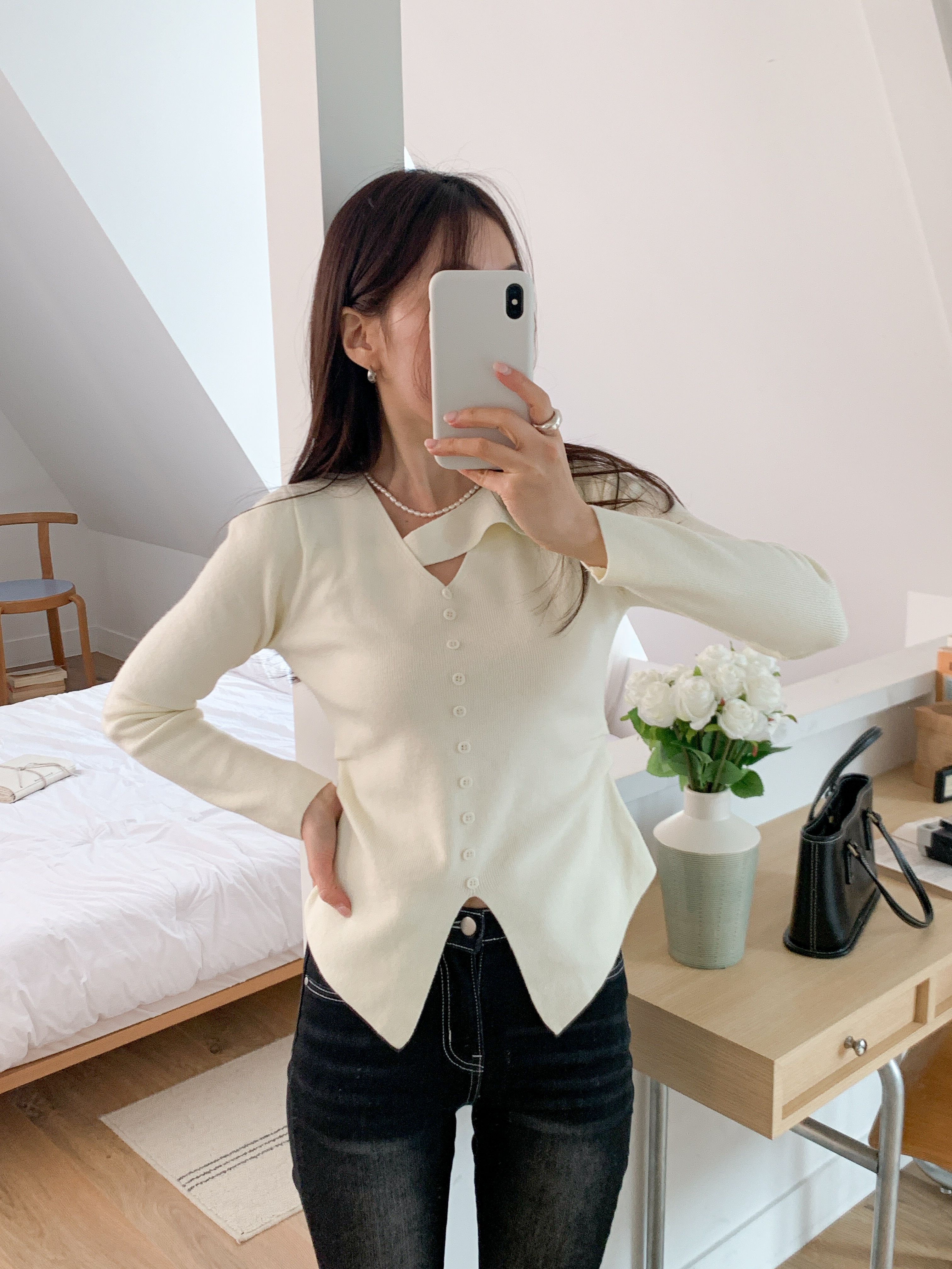 アンバランスネックスリットスリム長袖ギャザーフェイクボタン無地ニット | 詳細画像10