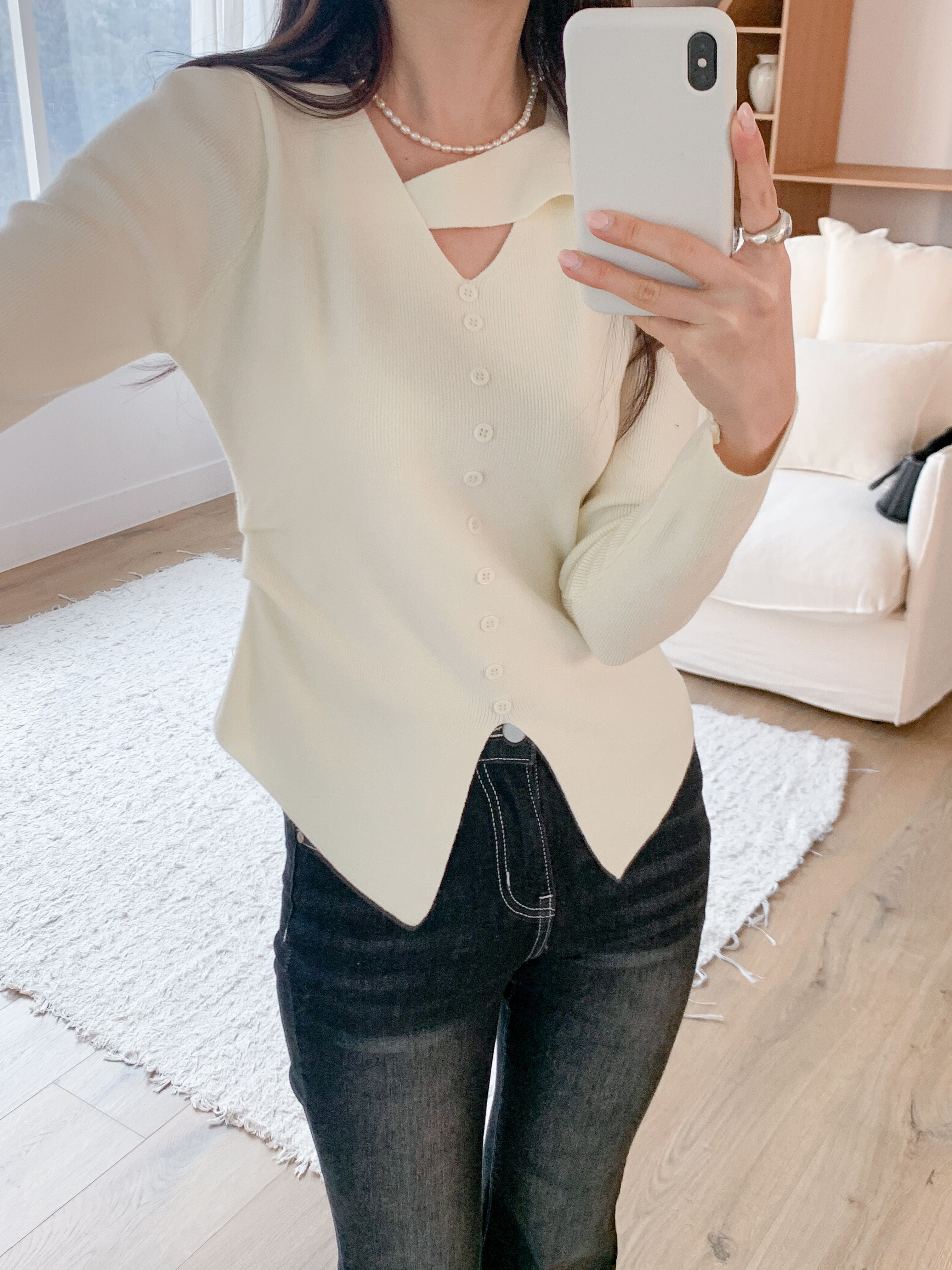 アンバランスネックスリットスリム長袖ギャザーフェイクボタン無地ニット | 詳細画像16