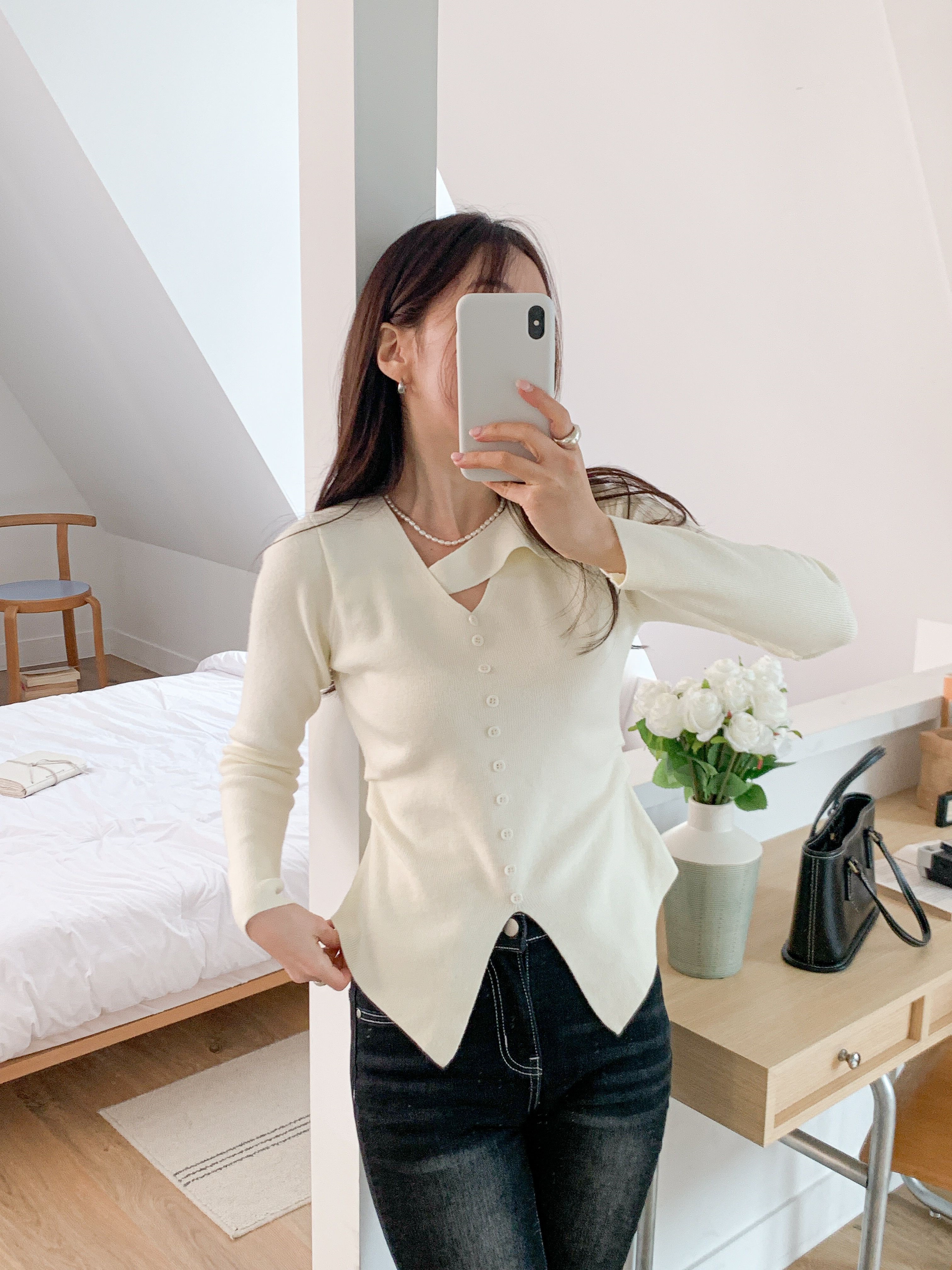 アンバランスネックスリットスリム長袖ギャザーフェイクボタン無地ニット | 詳細画像18