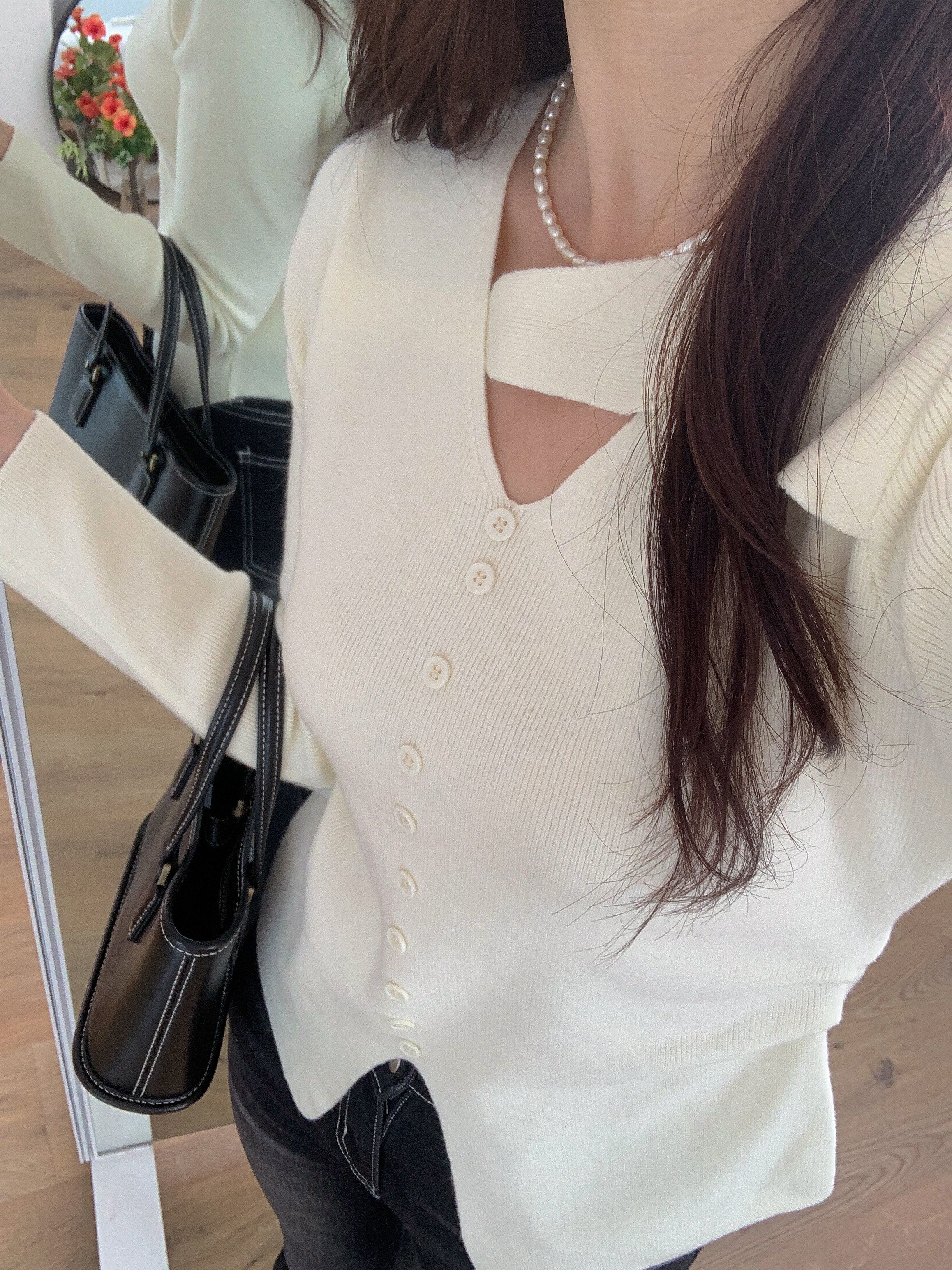 アンバランスネックスリットスリム長袖ギャザーフェイクボタン無地ニット | 詳細画像19