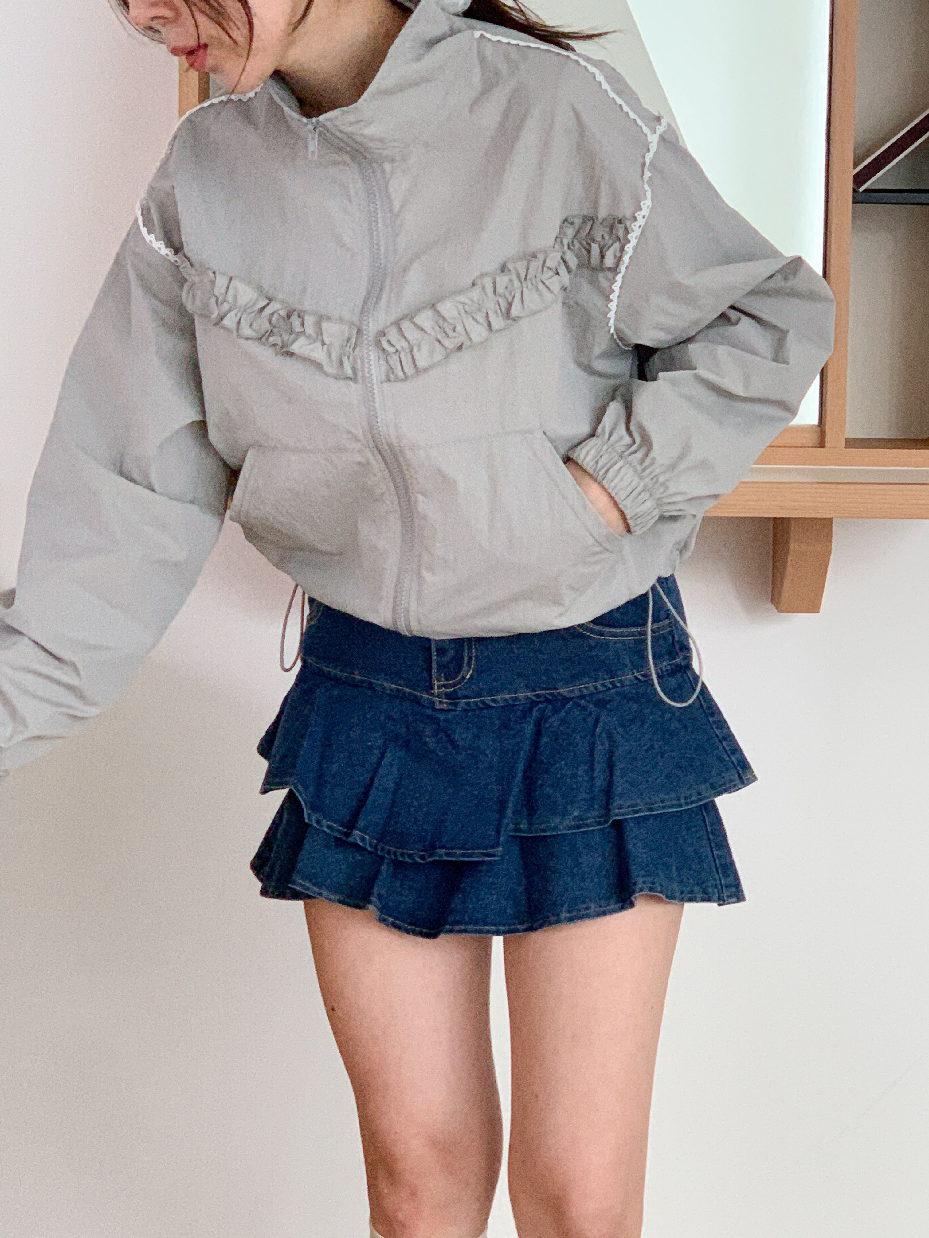 レースナイロンジップアップハイネックフリルゴムラインドローコードカンガルーポケットジャンパー | 詳細画像7