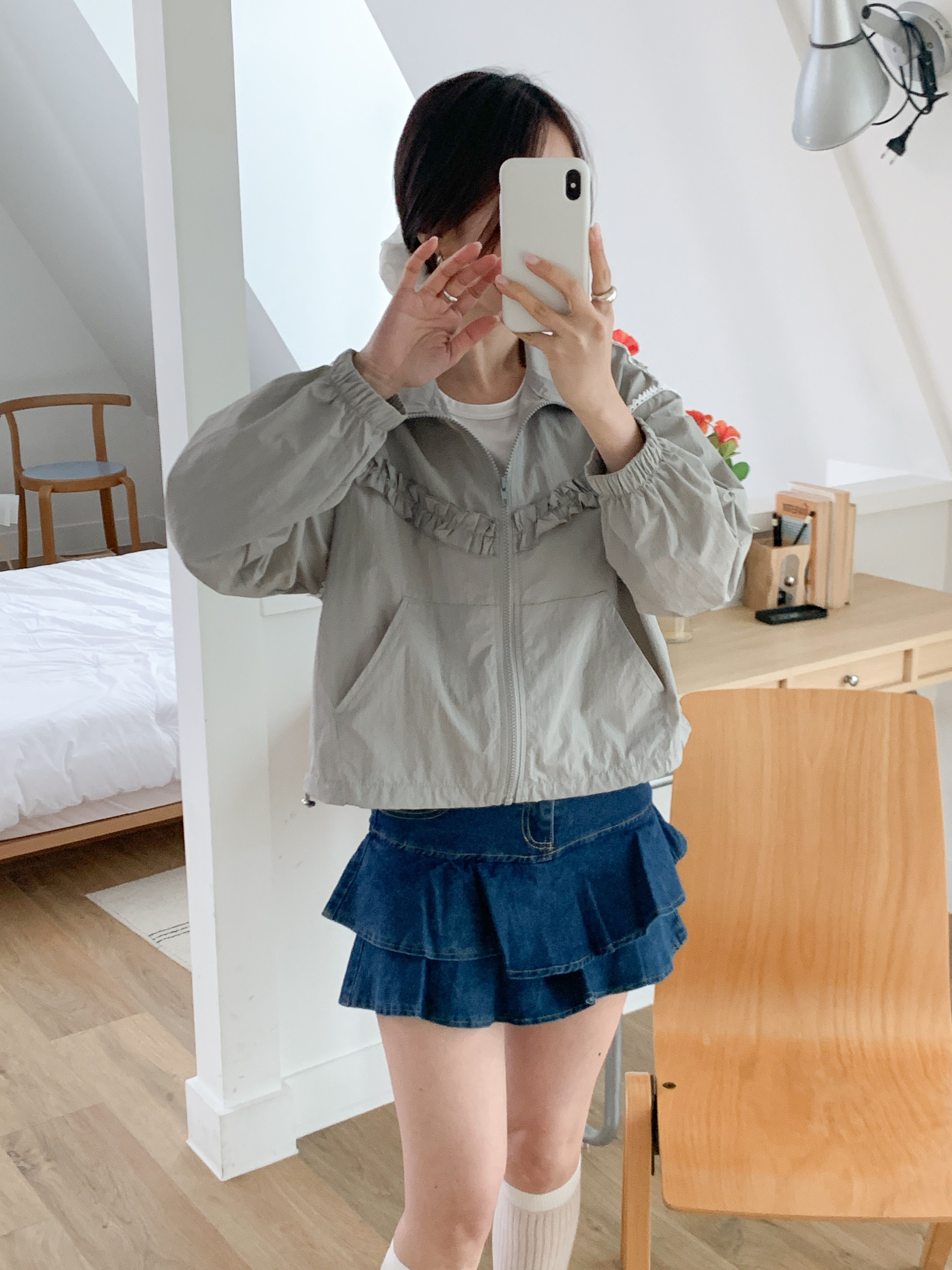 レースナイロンジップアップハイネックフリルゴムラインドローコードカンガルーポケットジャンパー | 詳細画像8