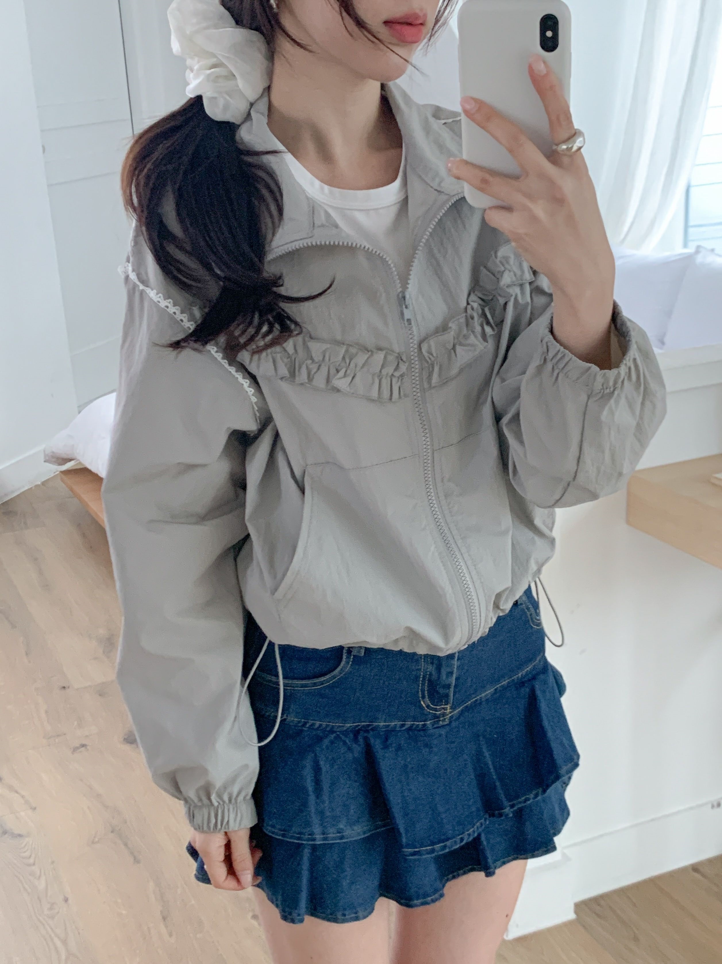 レースナイロンジップアップハイネックフリルゴムラインドローコードカンガルーポケットジャンパー | 詳細画像16